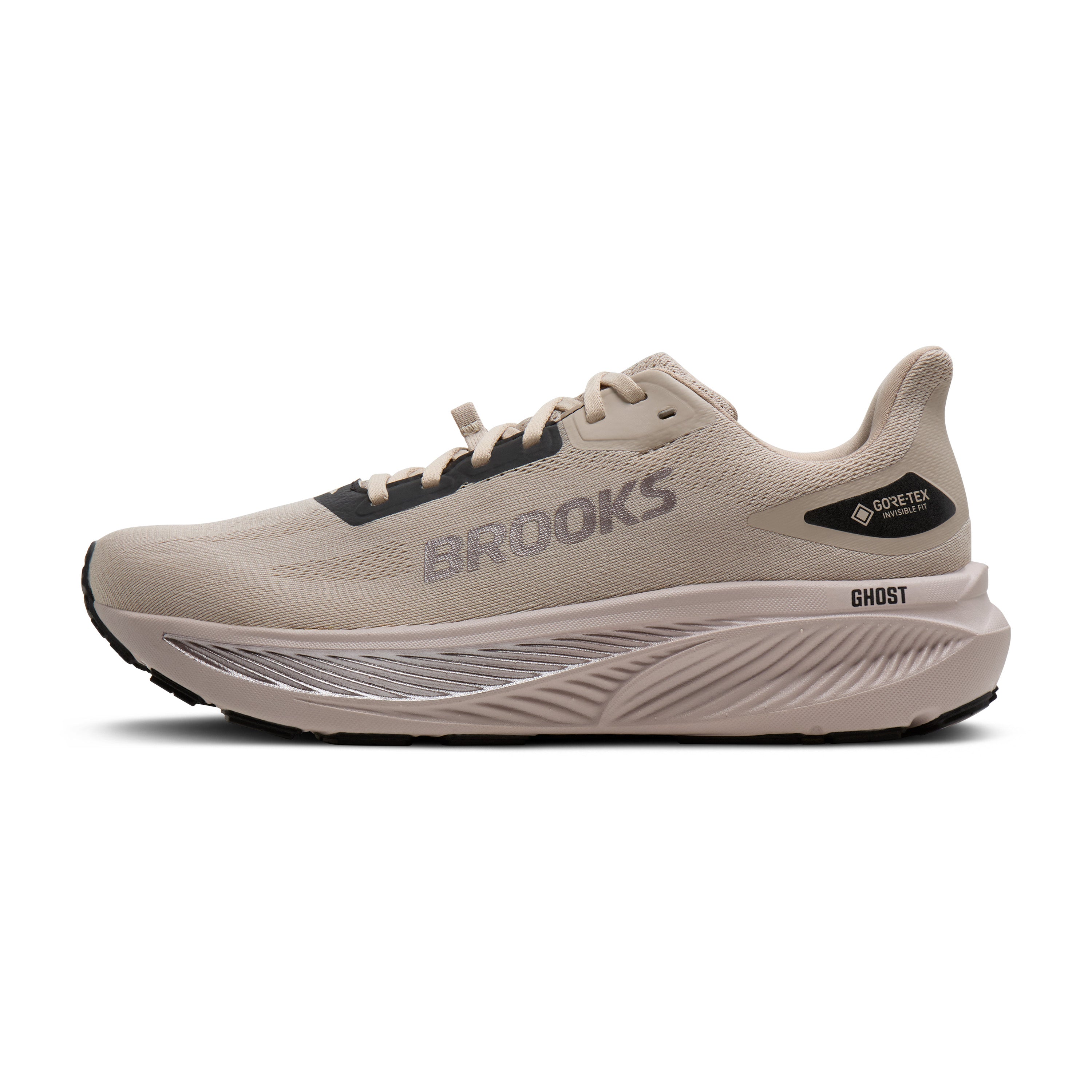 Black sneaker with a brand logo on a white background