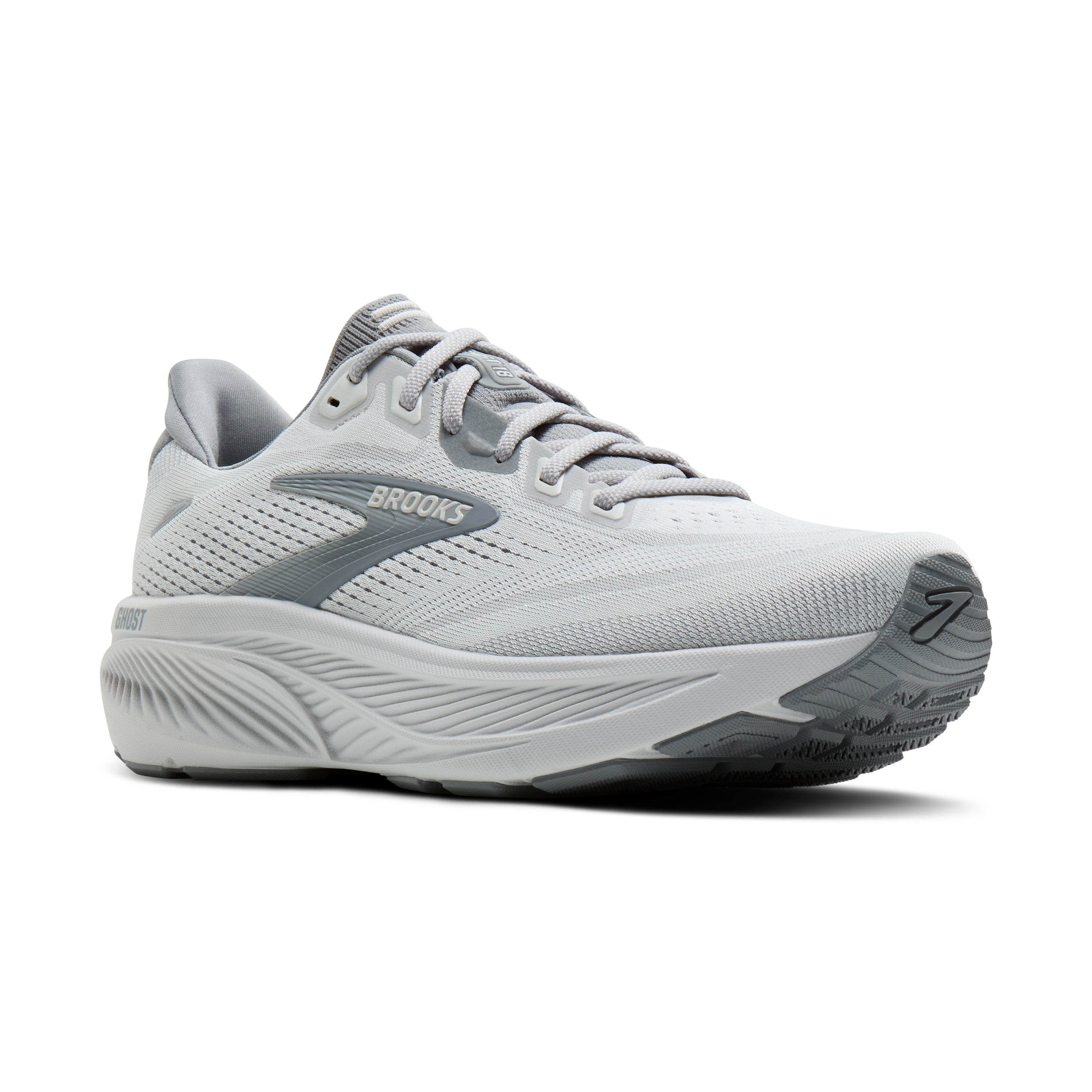 Gray running shoe with 'Brooks' branding on a white background