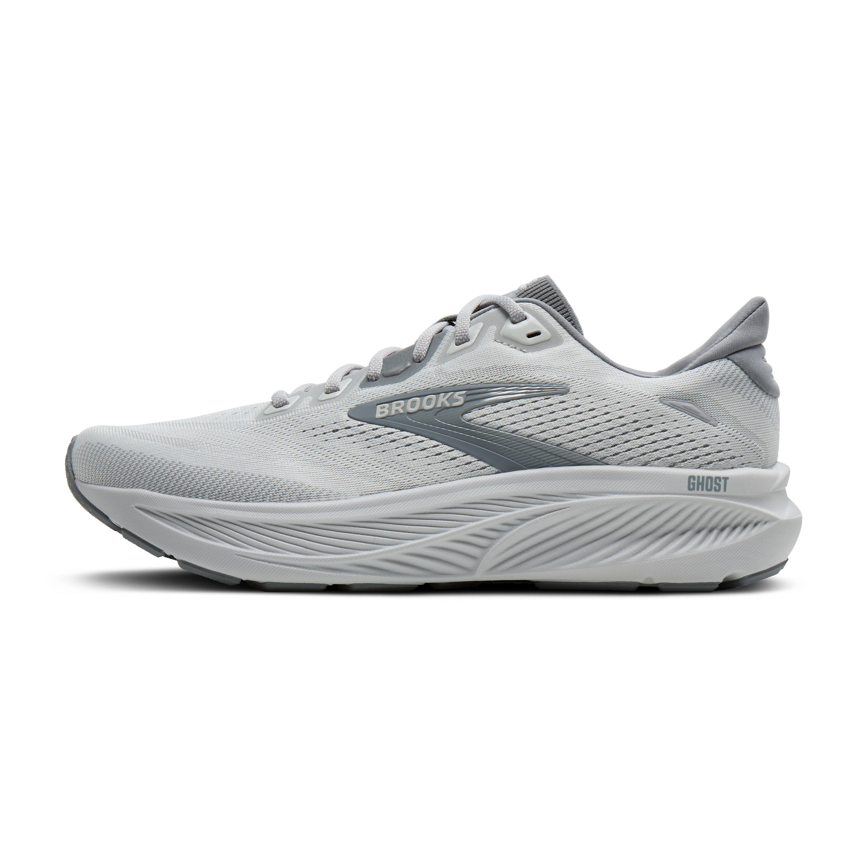 Gray running shoe with 'Brooks' branding on a white background