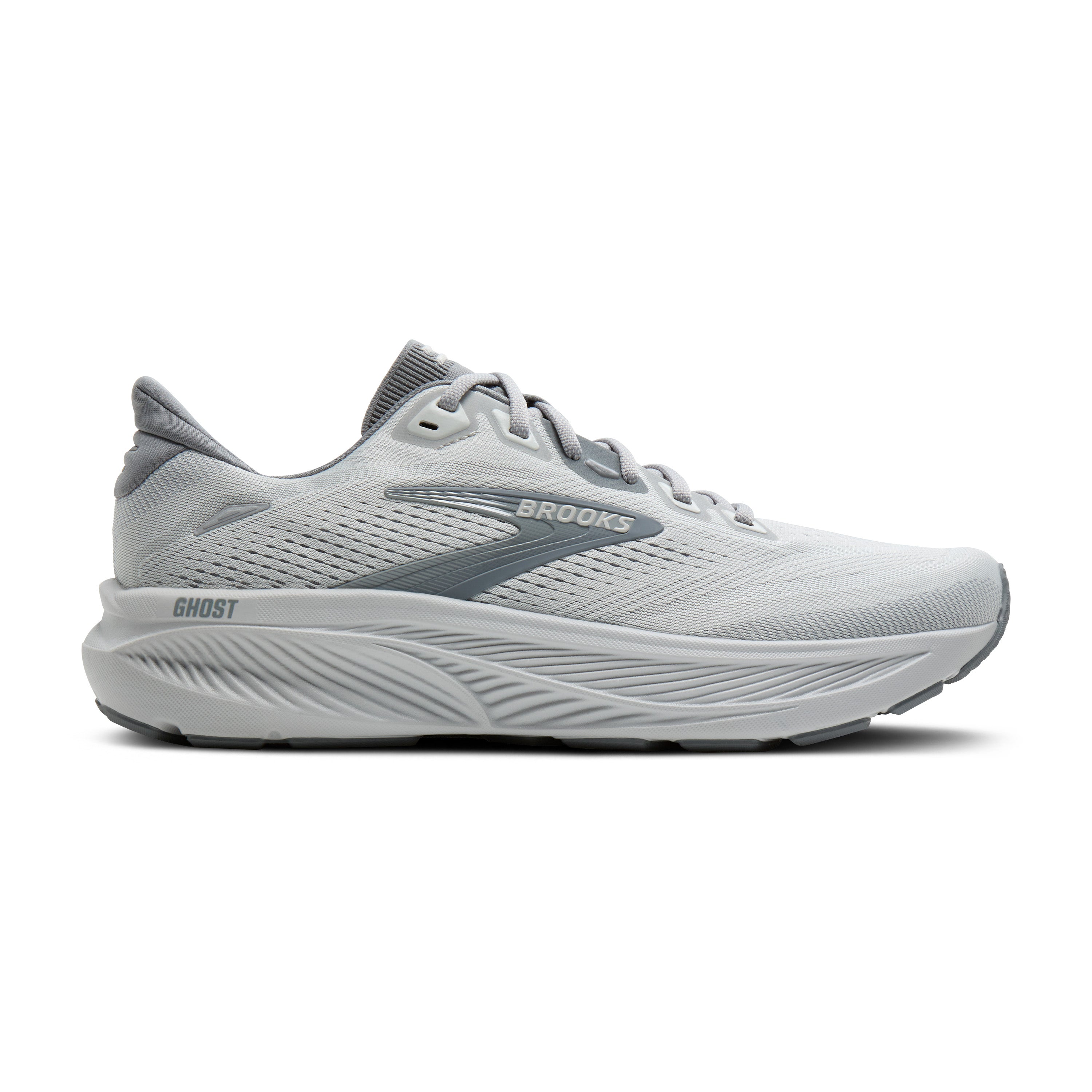 Gray running shoe with 'Brooks' branding on a white background