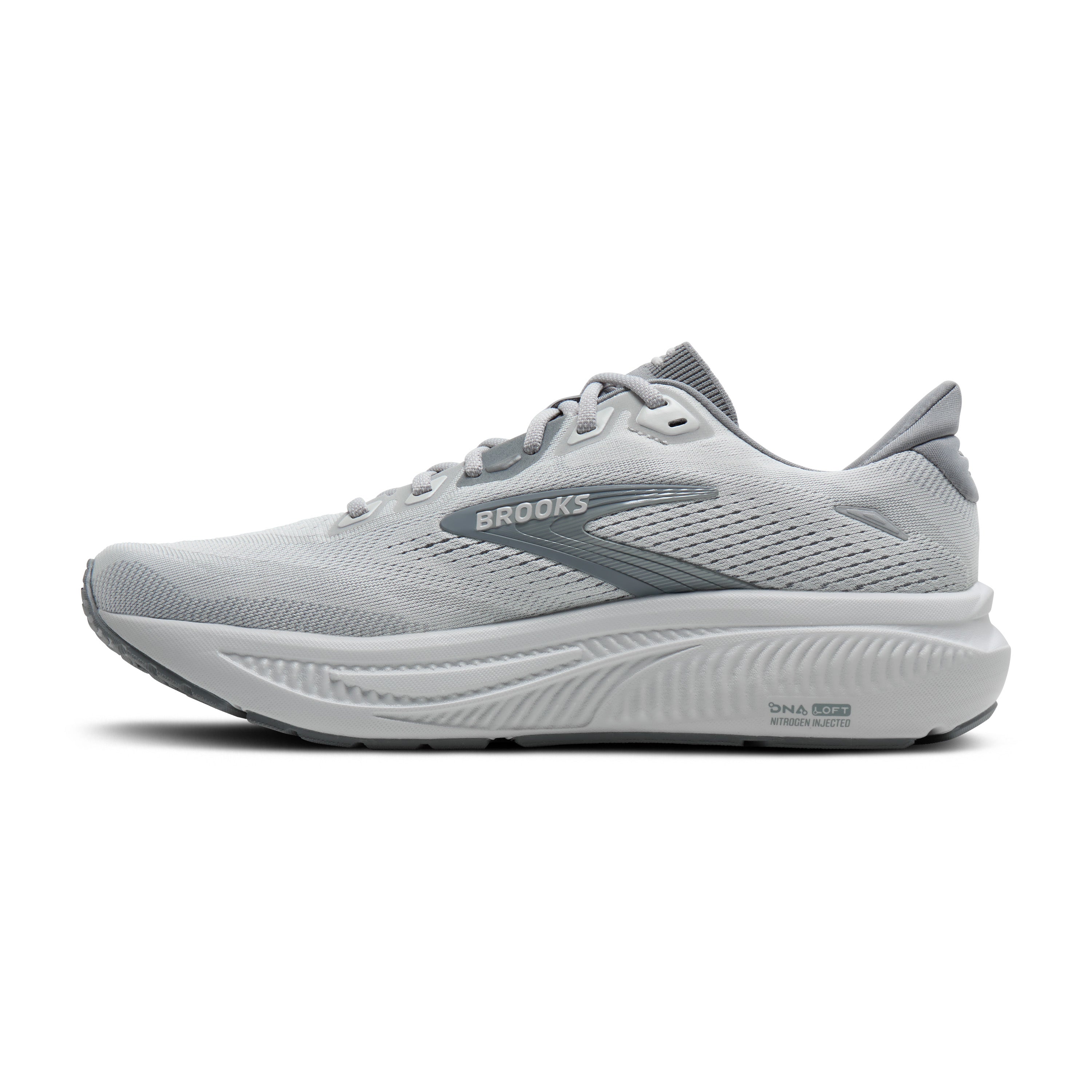 Gray running shoe with Brooks logo on a white background