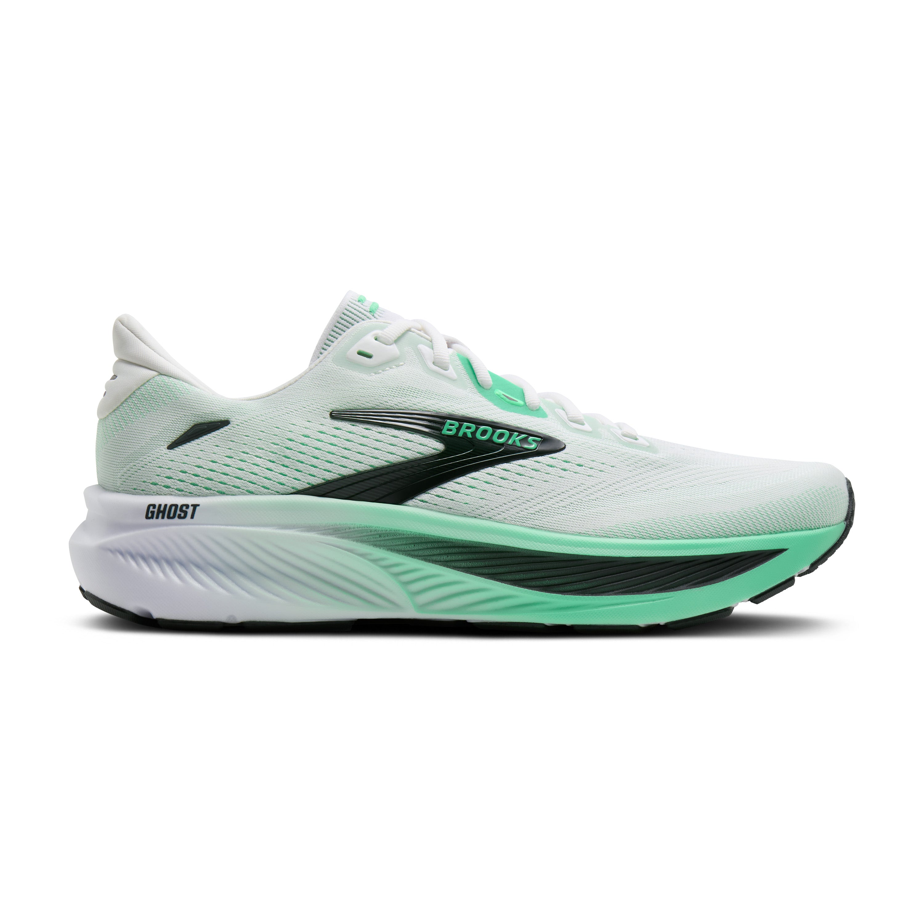 Light green running shoe with black accents on a white background
