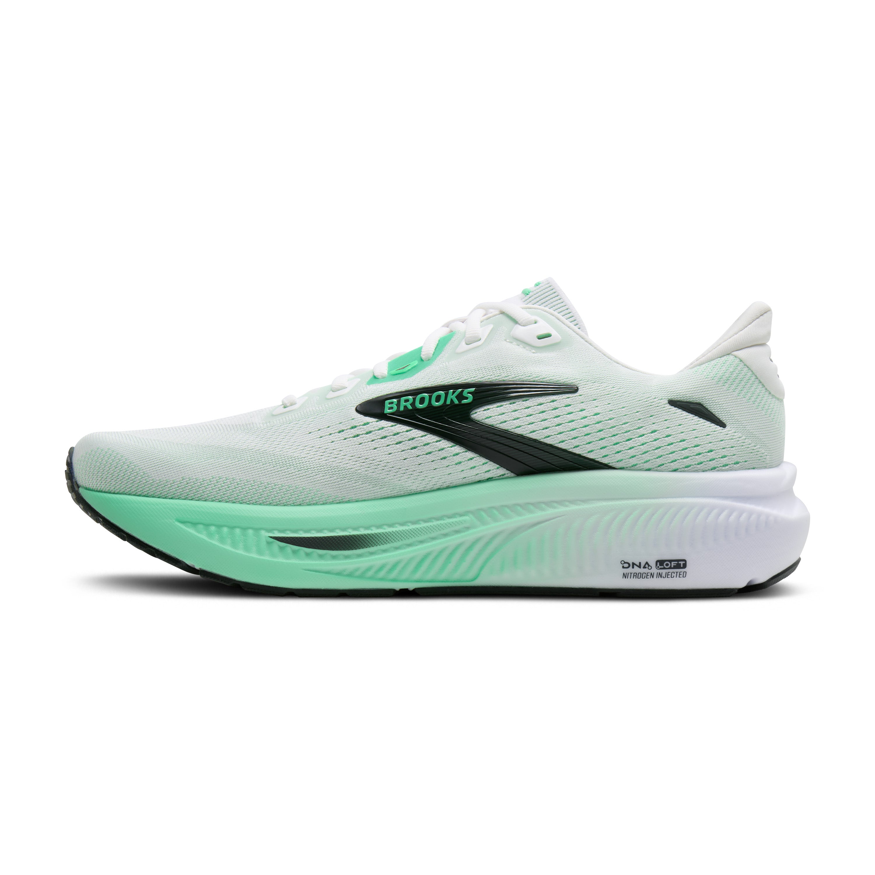 Light greenrunning shoe with green sole on a white background