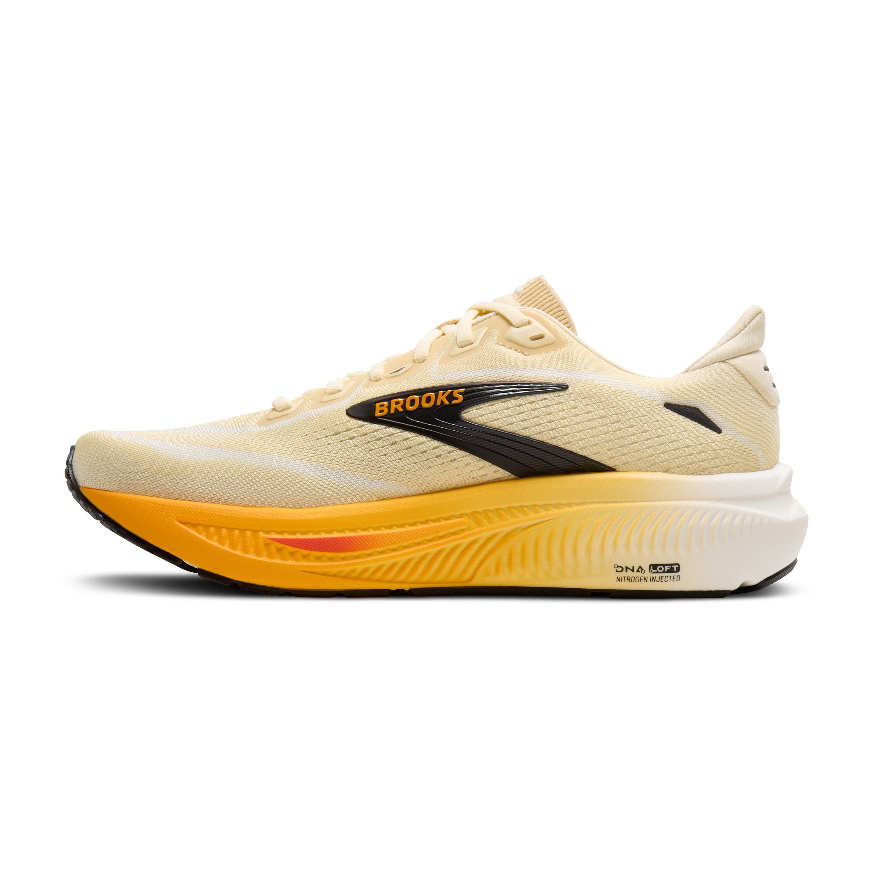 Beige running shoe with yellow sole on a white background