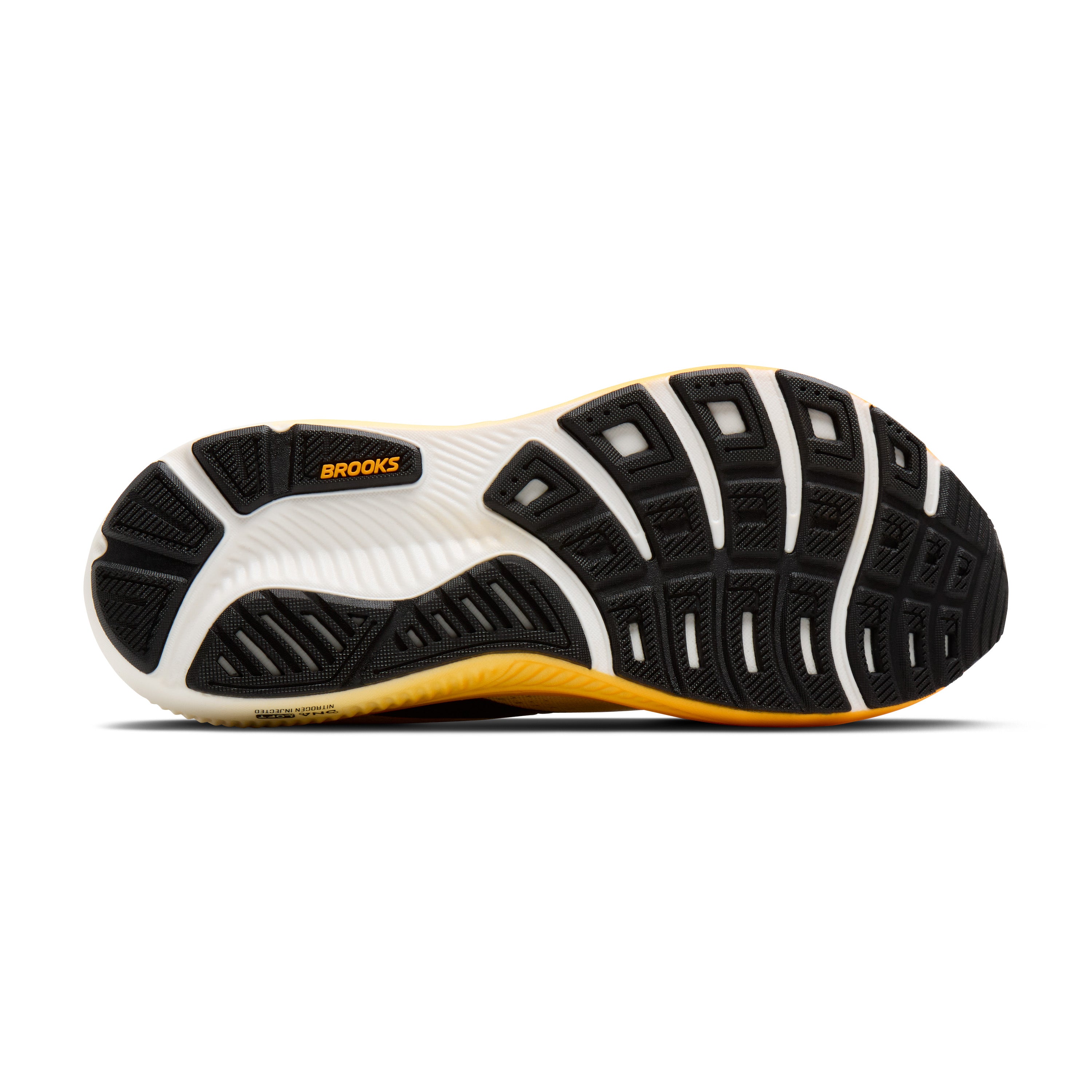 Black and white running shoe with yellow sole on a white background