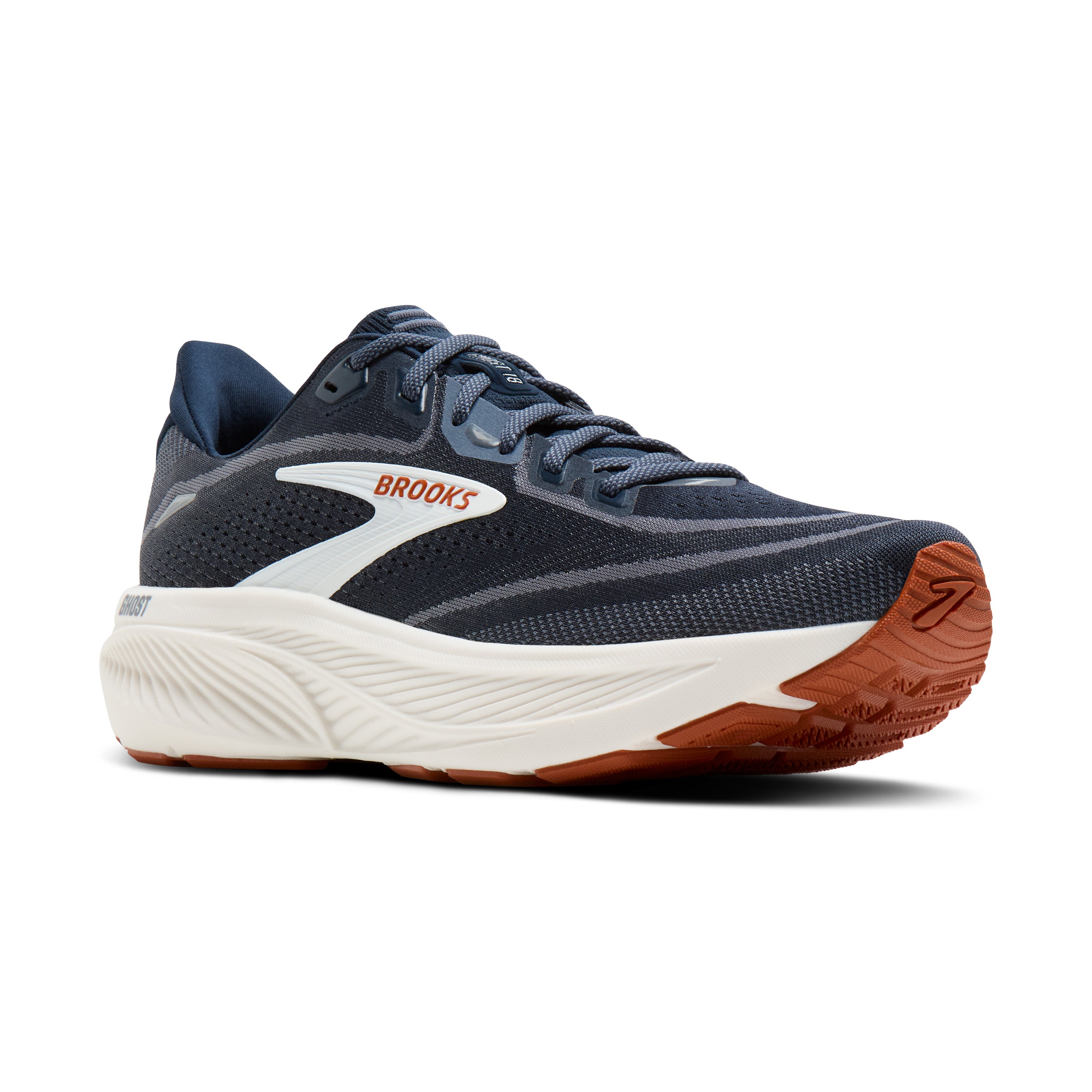 Navy running shoe with brown sole on a white background