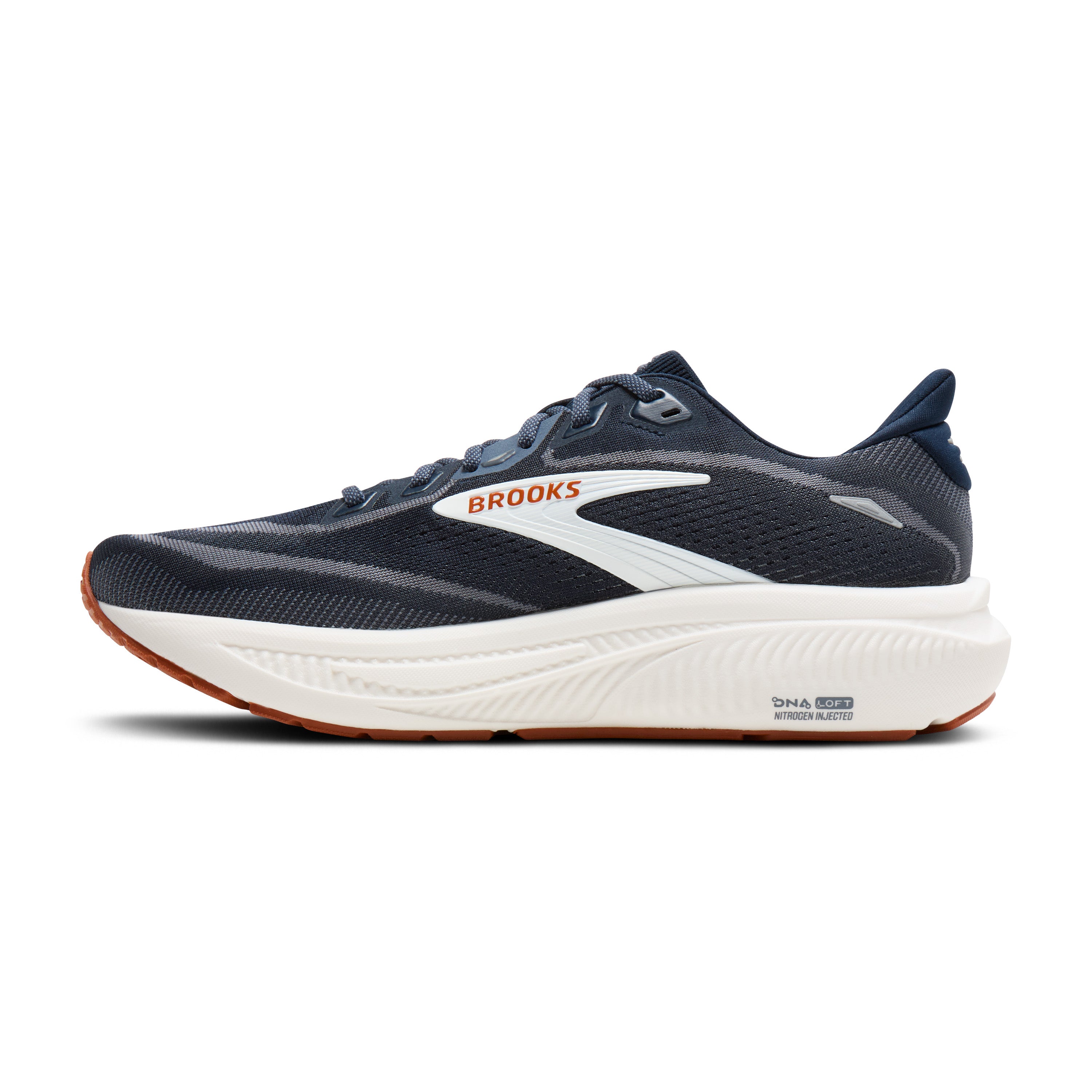 Navy and white running shoe with 'Brooks' branding on a white background