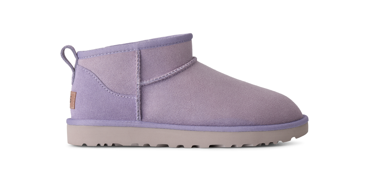 A single UGG Mini ankle boot in a light lavender purple suede, shown from the side profile against a clean white background.