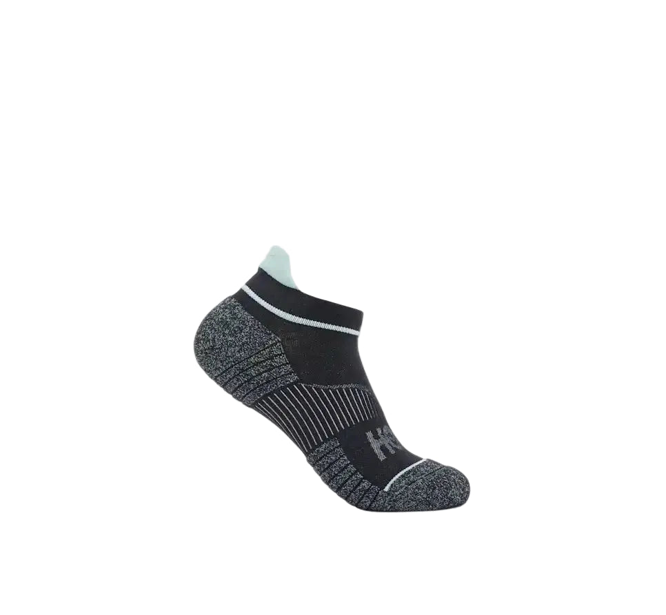 A single low-cut athletic sock in black and dark gray with a ribbed pattern, a light mint green heel, and a white stripe detail, shown on a plain white background.
