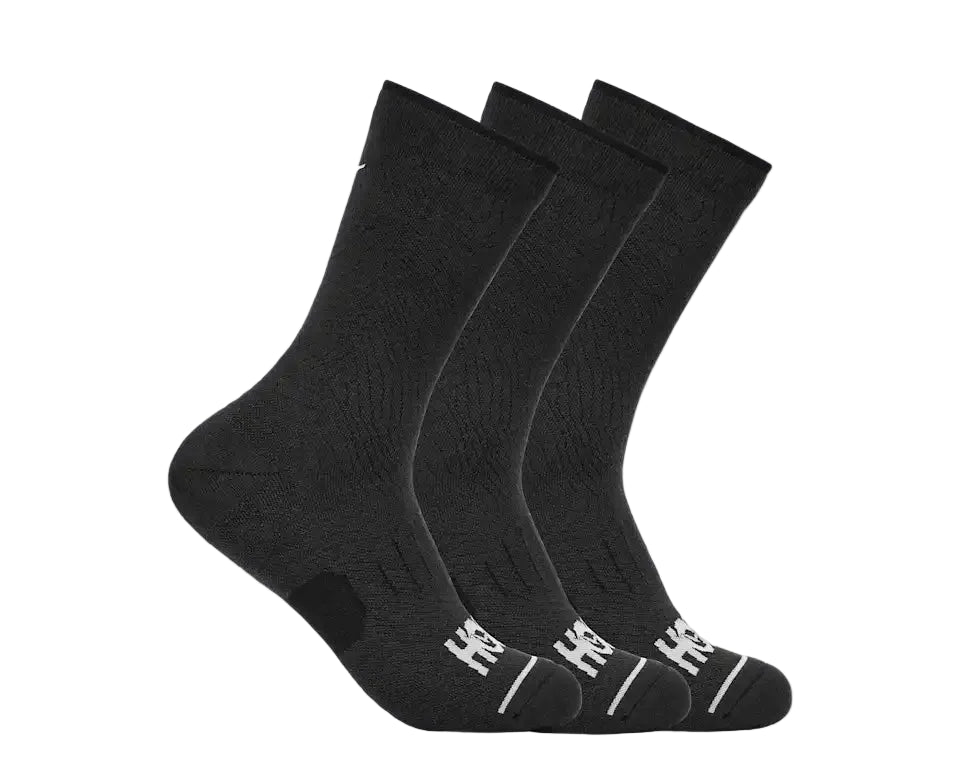 Three black socks with a brand logo on a white background