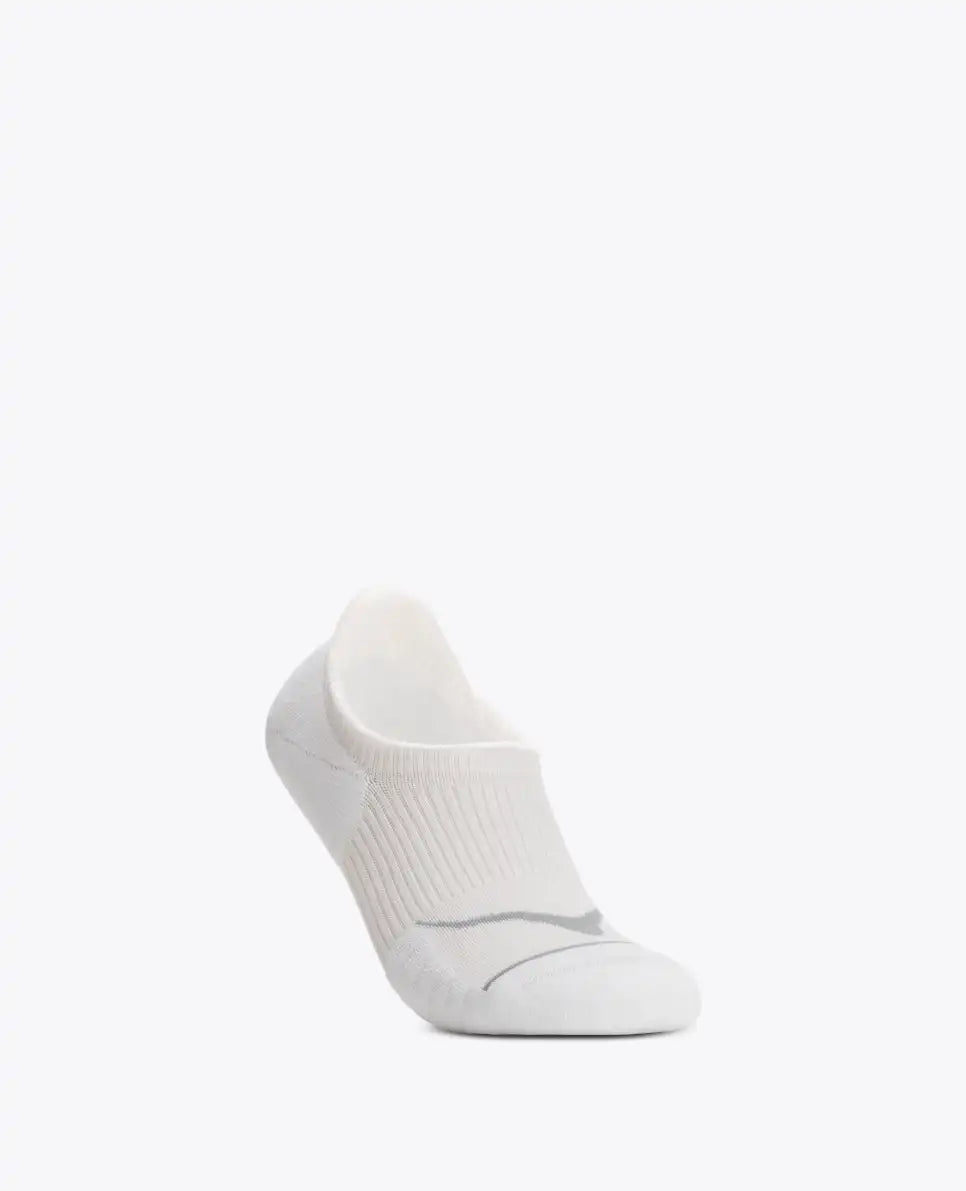 A single white low-cut no-show sock with a subtle gray hoka  logo on the toe, shown against a plain white background.