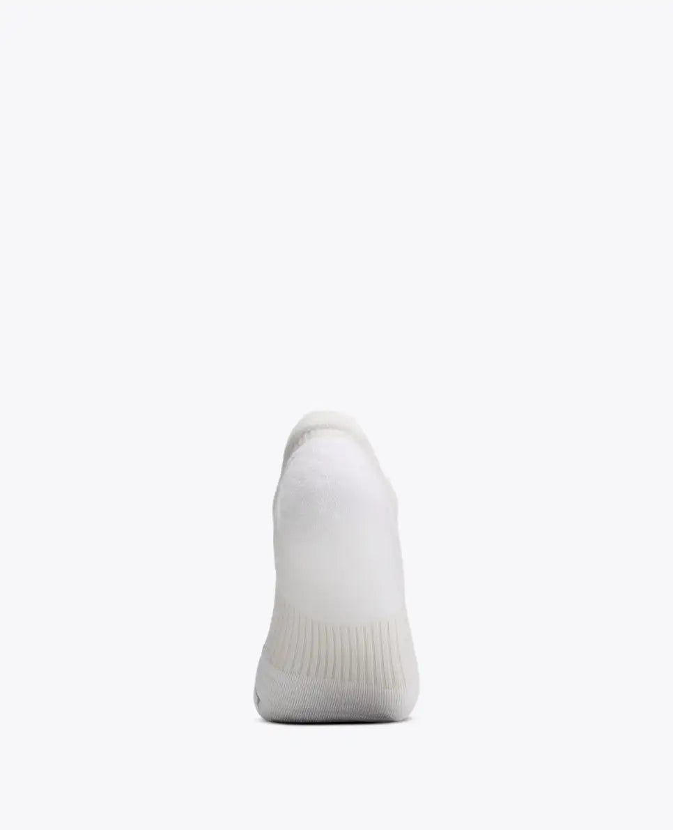 A single white knit slip-on sock shown from the back against a solid white background.