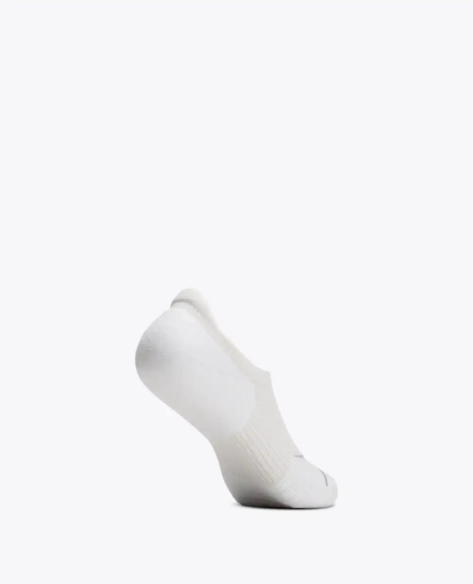 A single white low-cut no-show sock shown from the back against a solid white background.