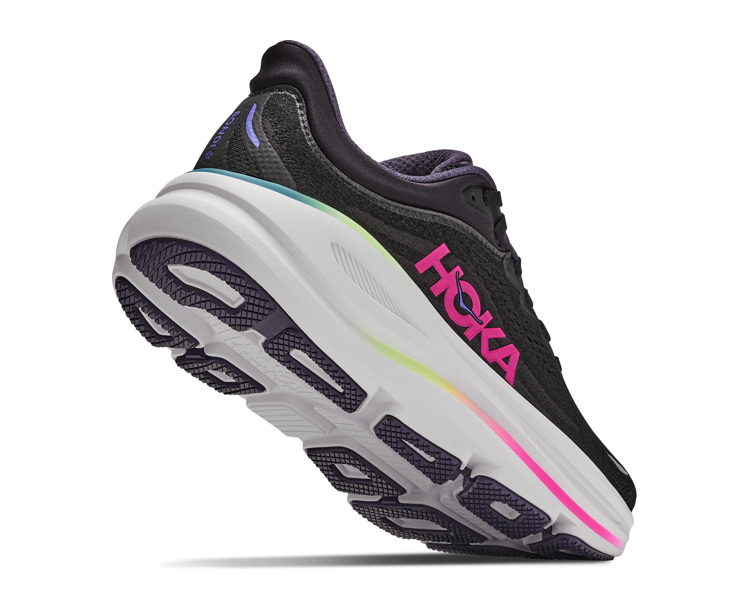 A Hoka running shoe in black and purple with a thick white midsole and a vibrant pink Hoka logo on the side, shown against a plain white background.
