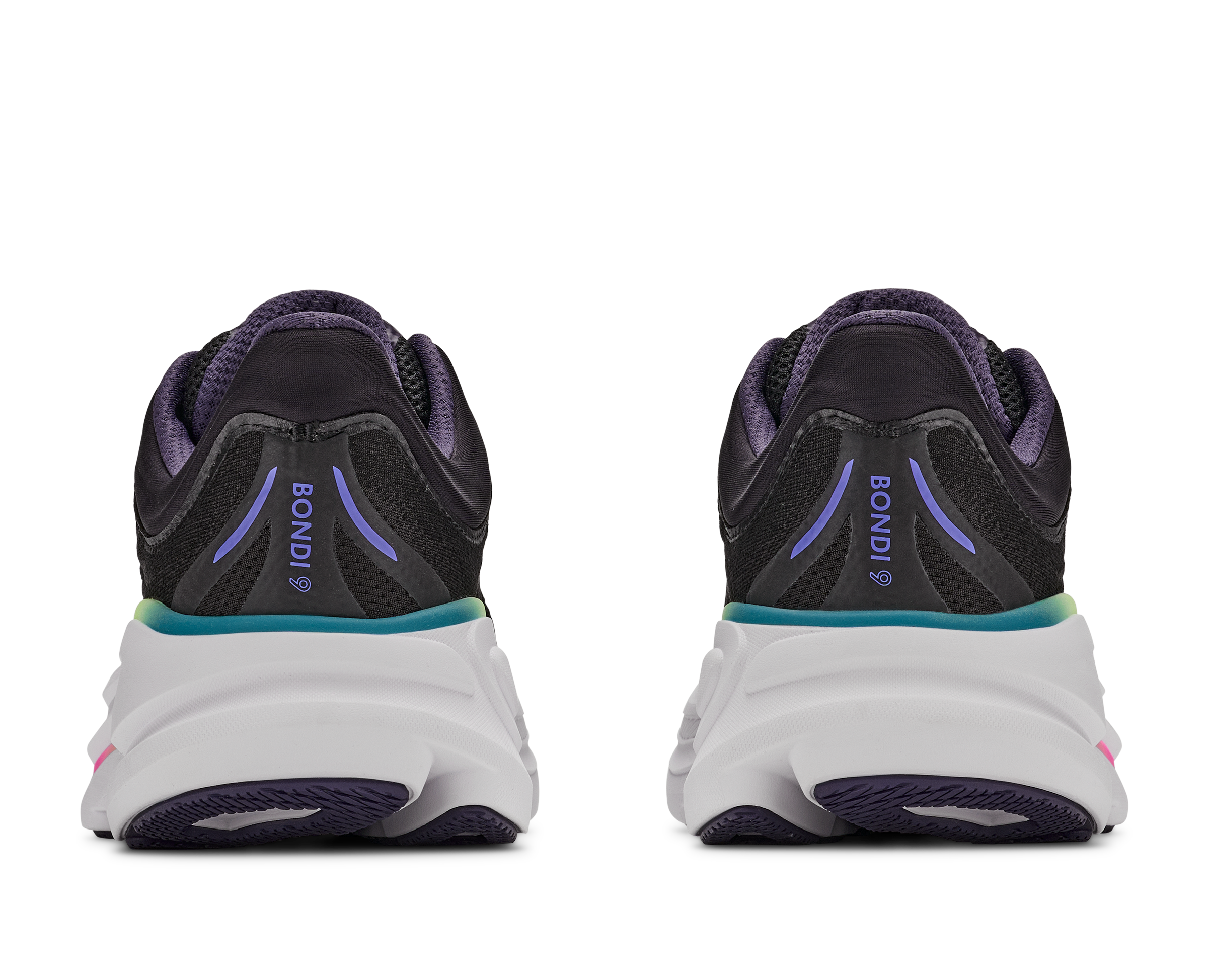 Black running shoes with purple accents on a white background