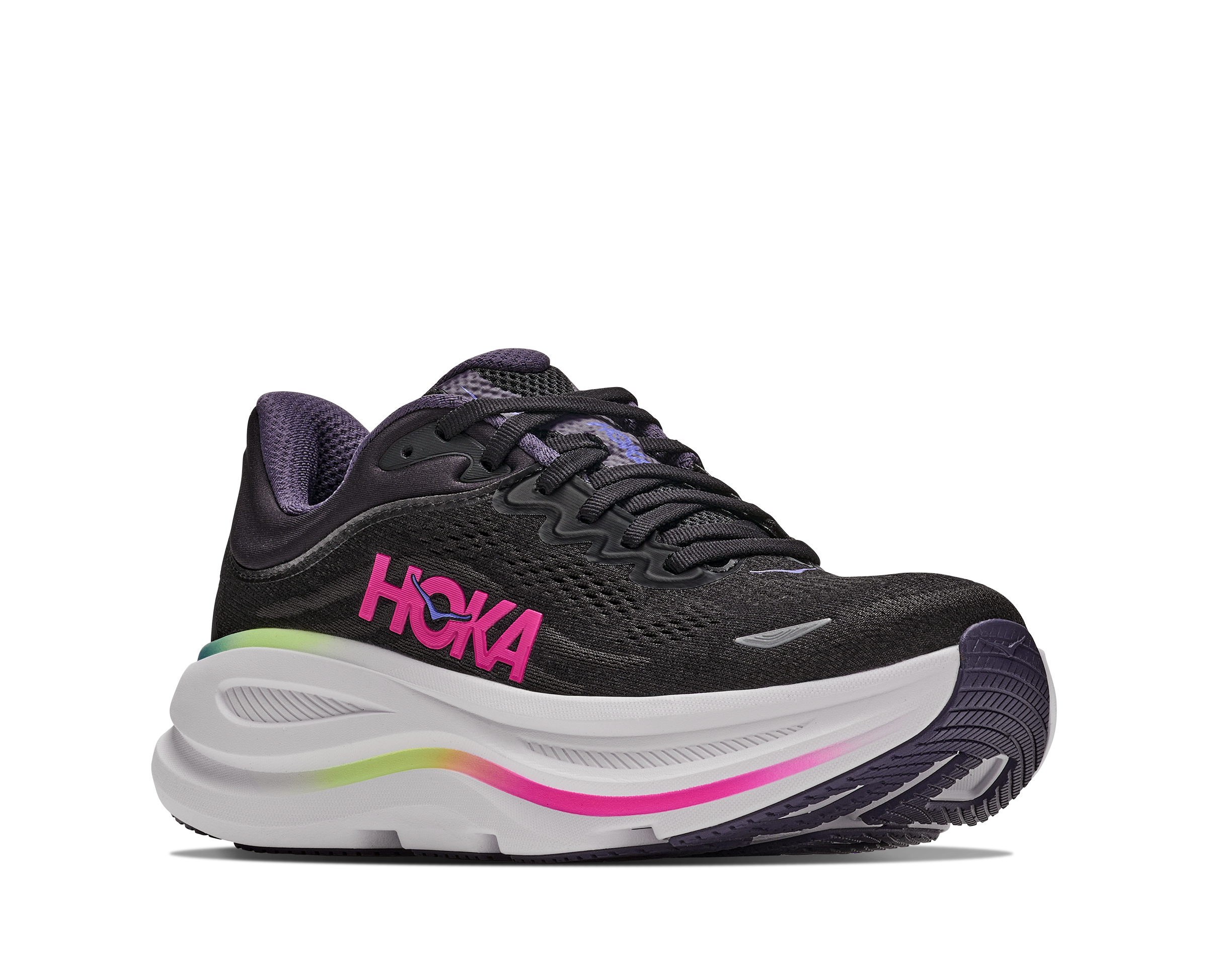 Black running shoe with pink Hoka logo on a white background