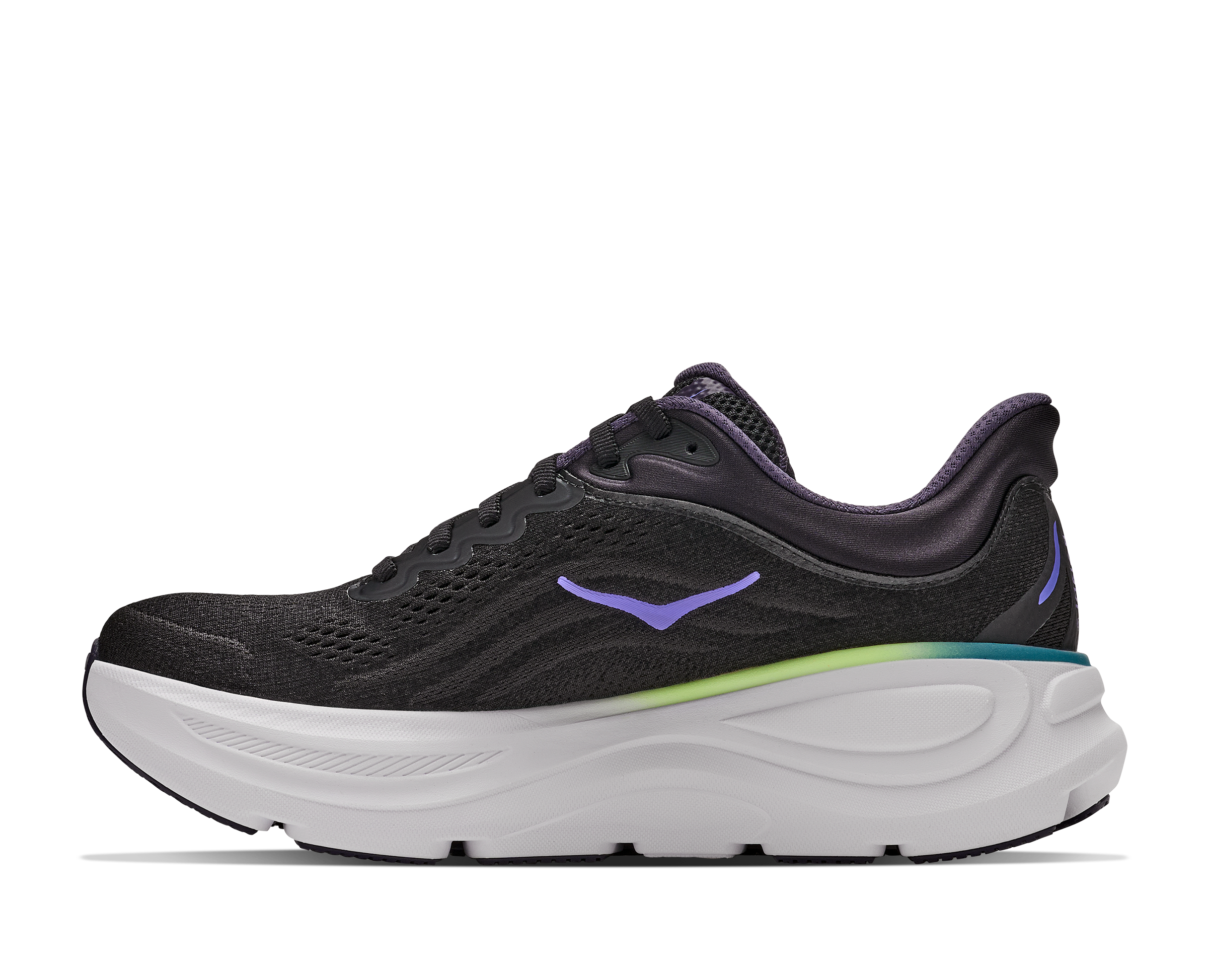 Black running shoe with purple accents on a white background