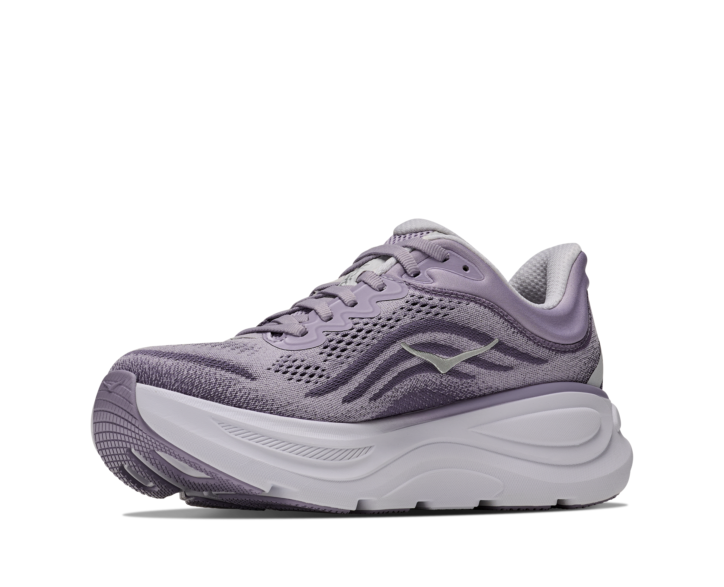 Purple running shoe with white sole on a white background