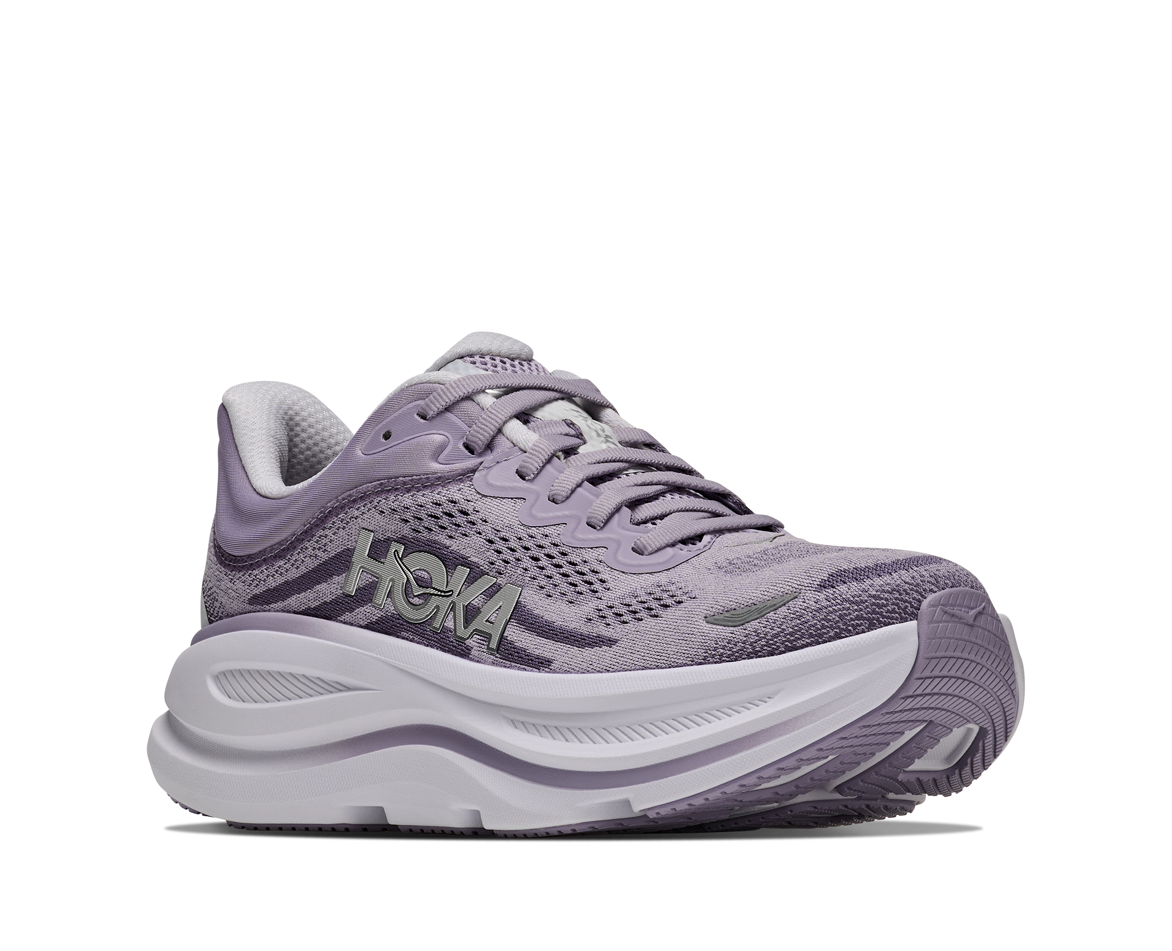 Purple running shoe with 'Hoka' branding on a white background