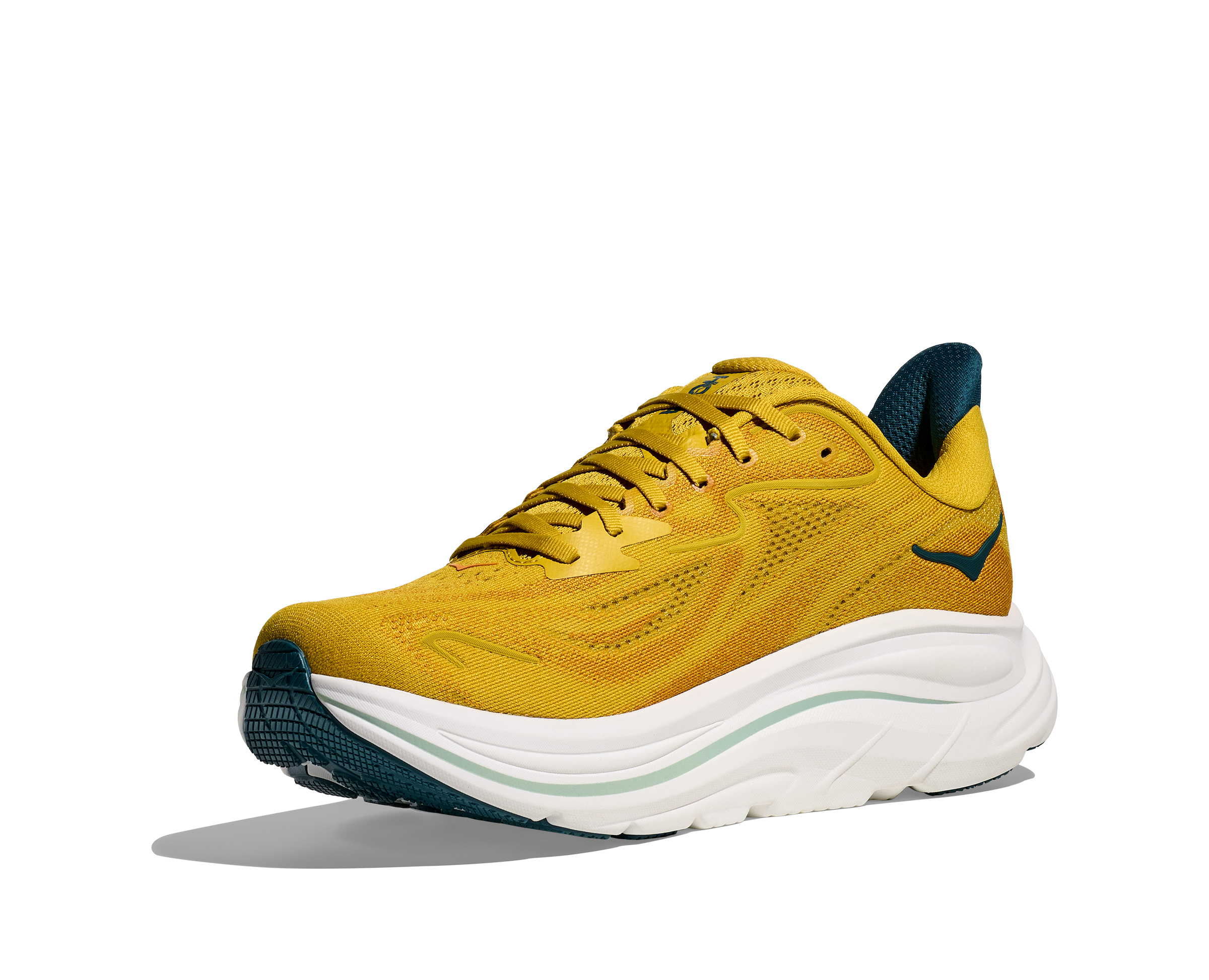 Yellow running shoe with white sole on a white background