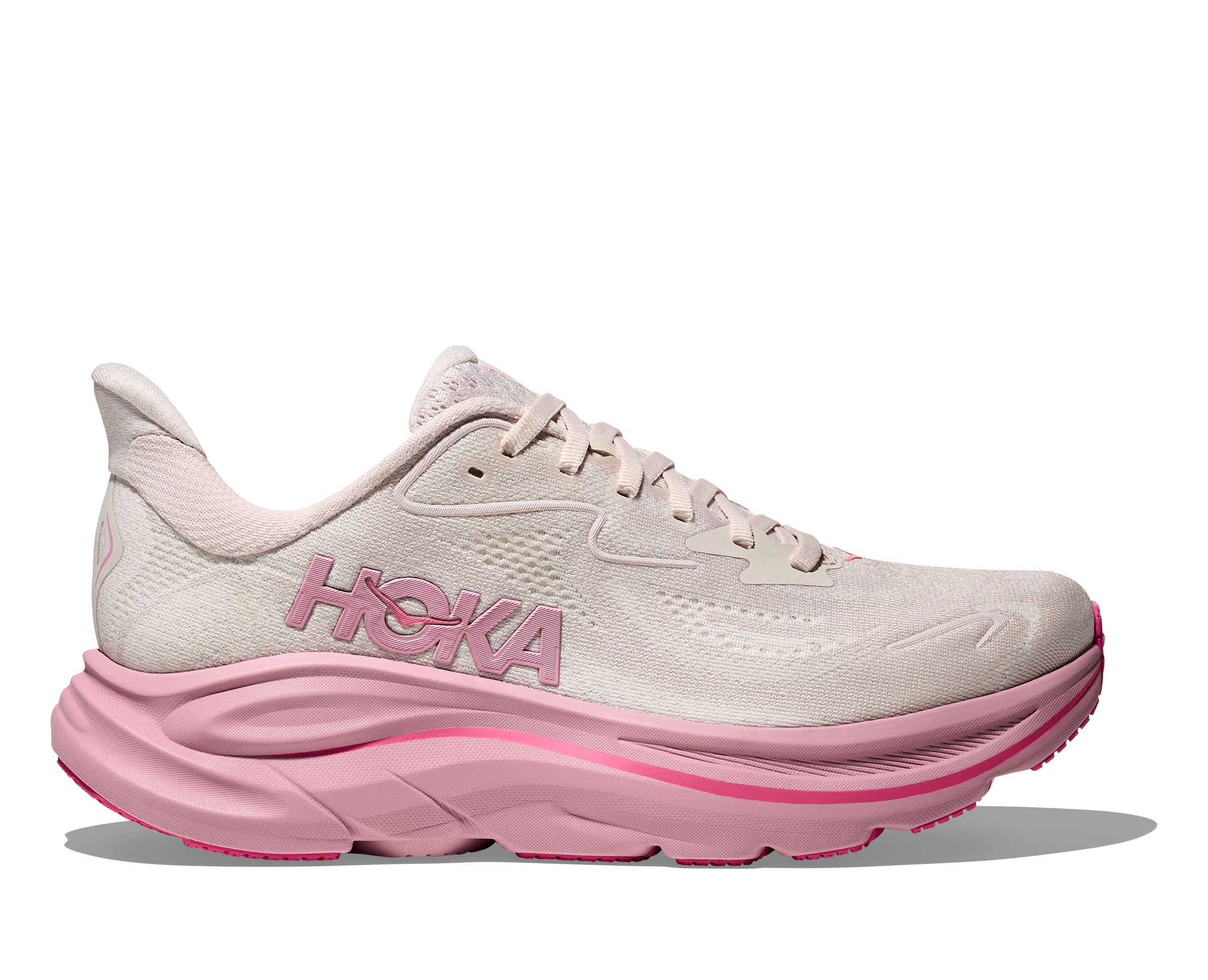 Pink Hoka running shoe on a white background