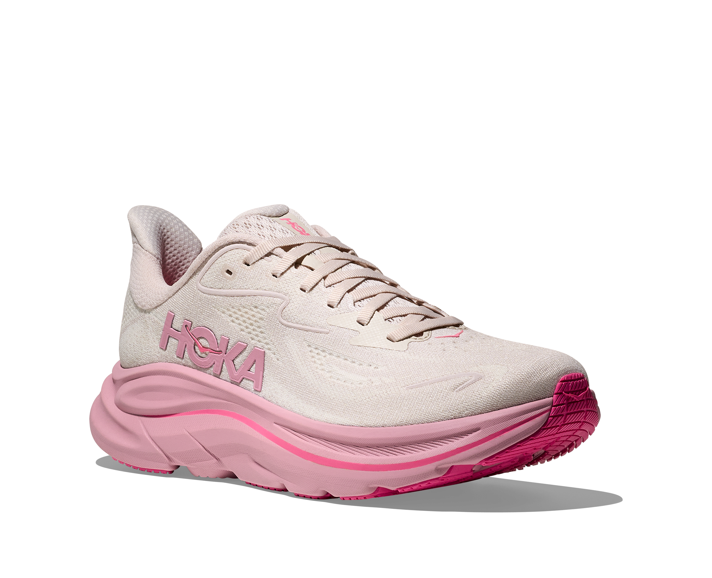 Pink running shoe with 'Hoka' branding on a white background
