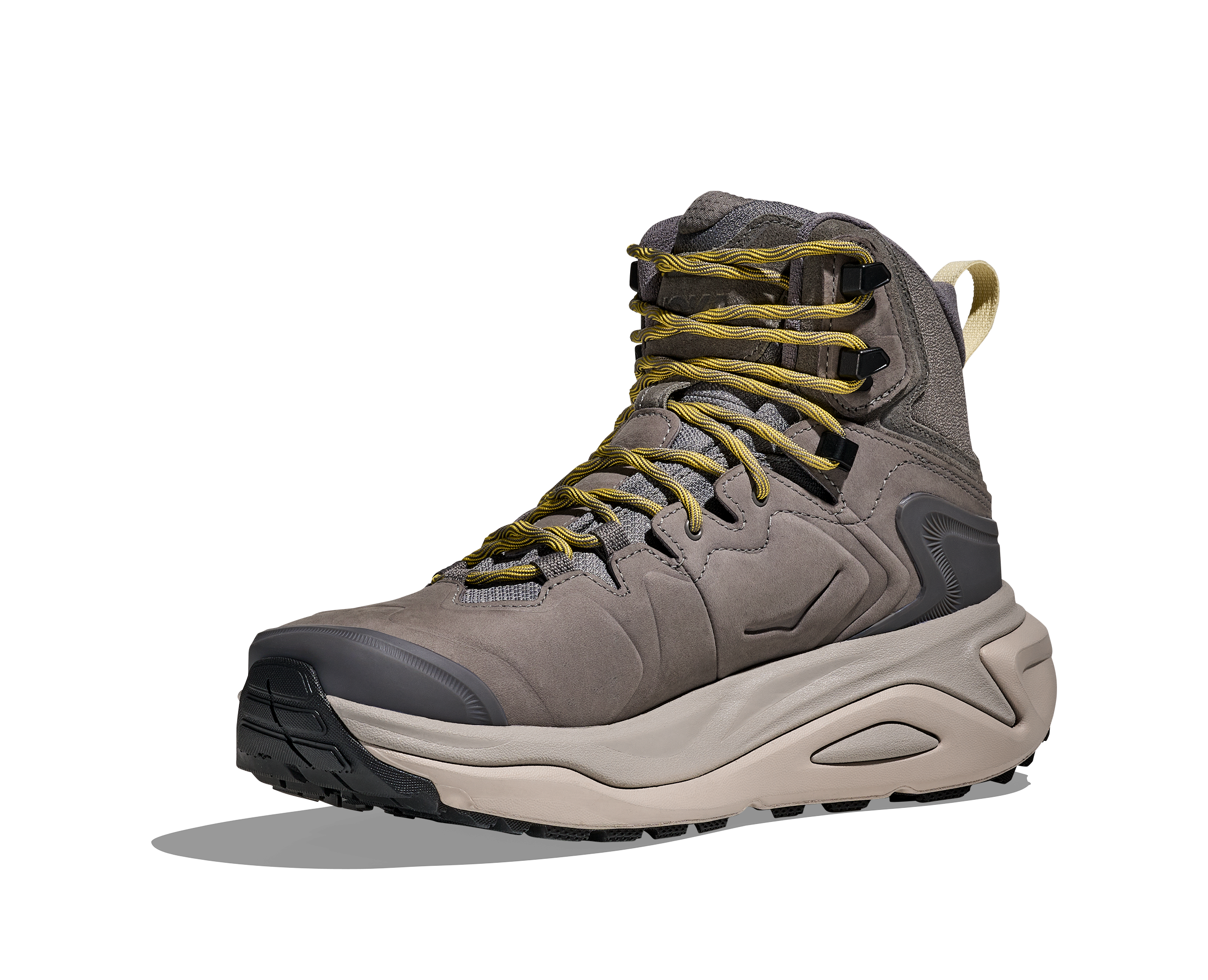 A high-top hiking boot in taupe gray suede and synthetic materials, featuring olive green laces, a beige midsole, and a black outsole, shown from a three-quarters angle on a white background.