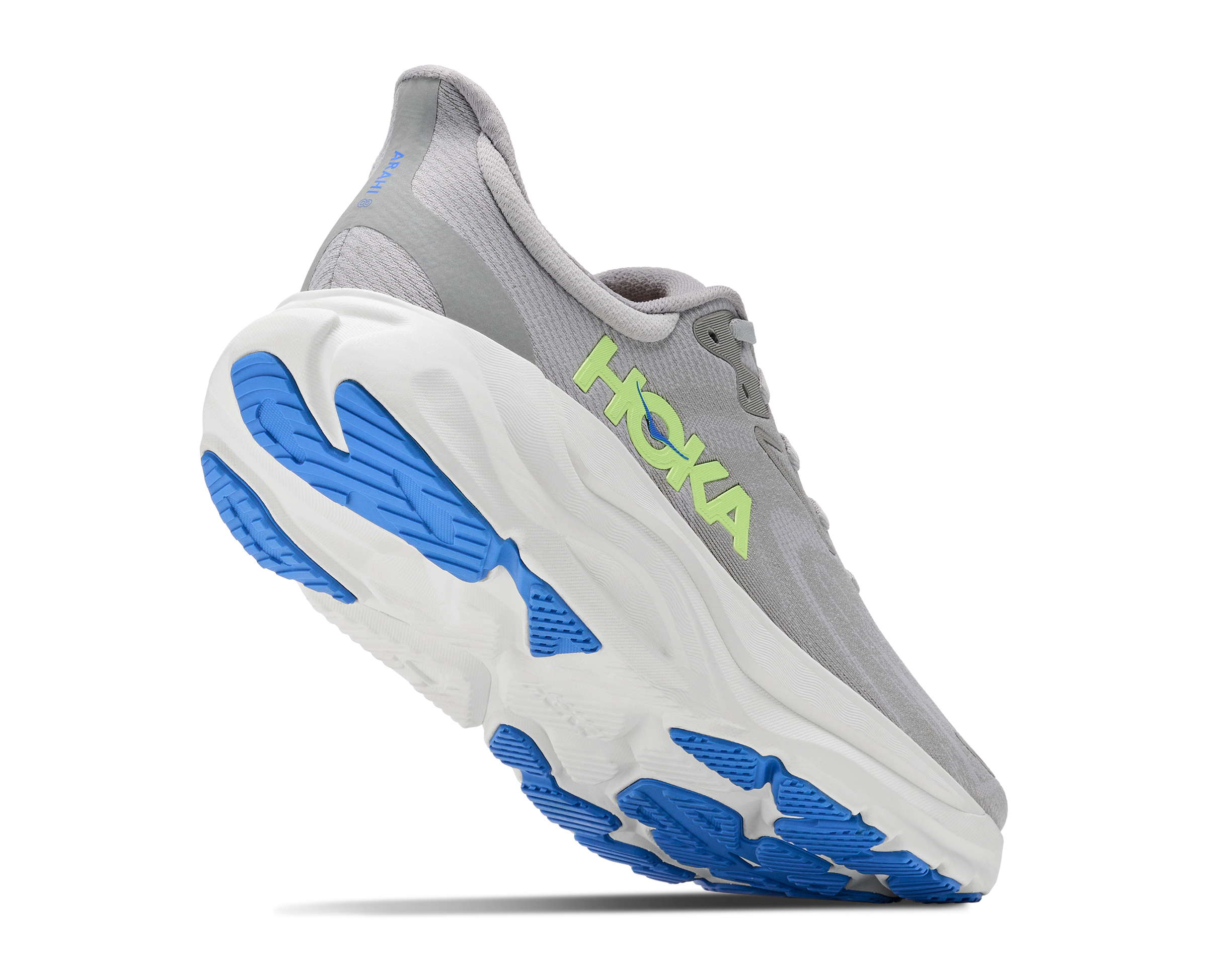 A Hoka running shoe in gray, white, and blue, shown from a three-quarters angle against a plain white background.
