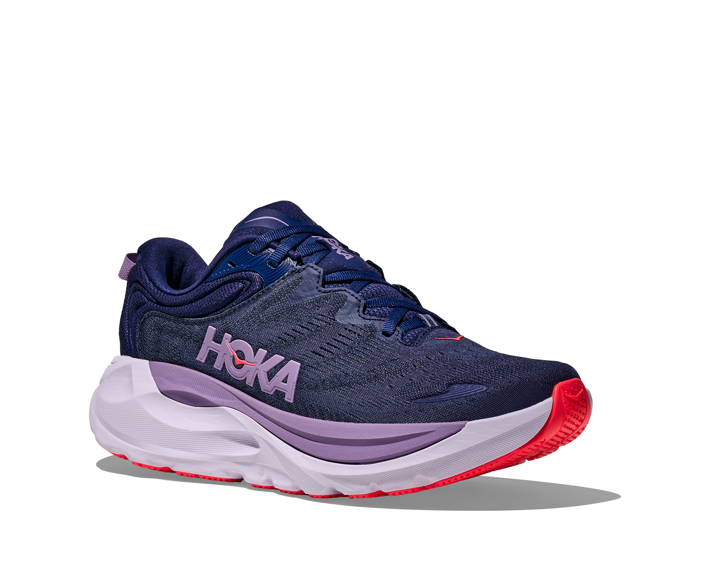 Navy running shoe with red sole and 'Hoka' branding on a white background