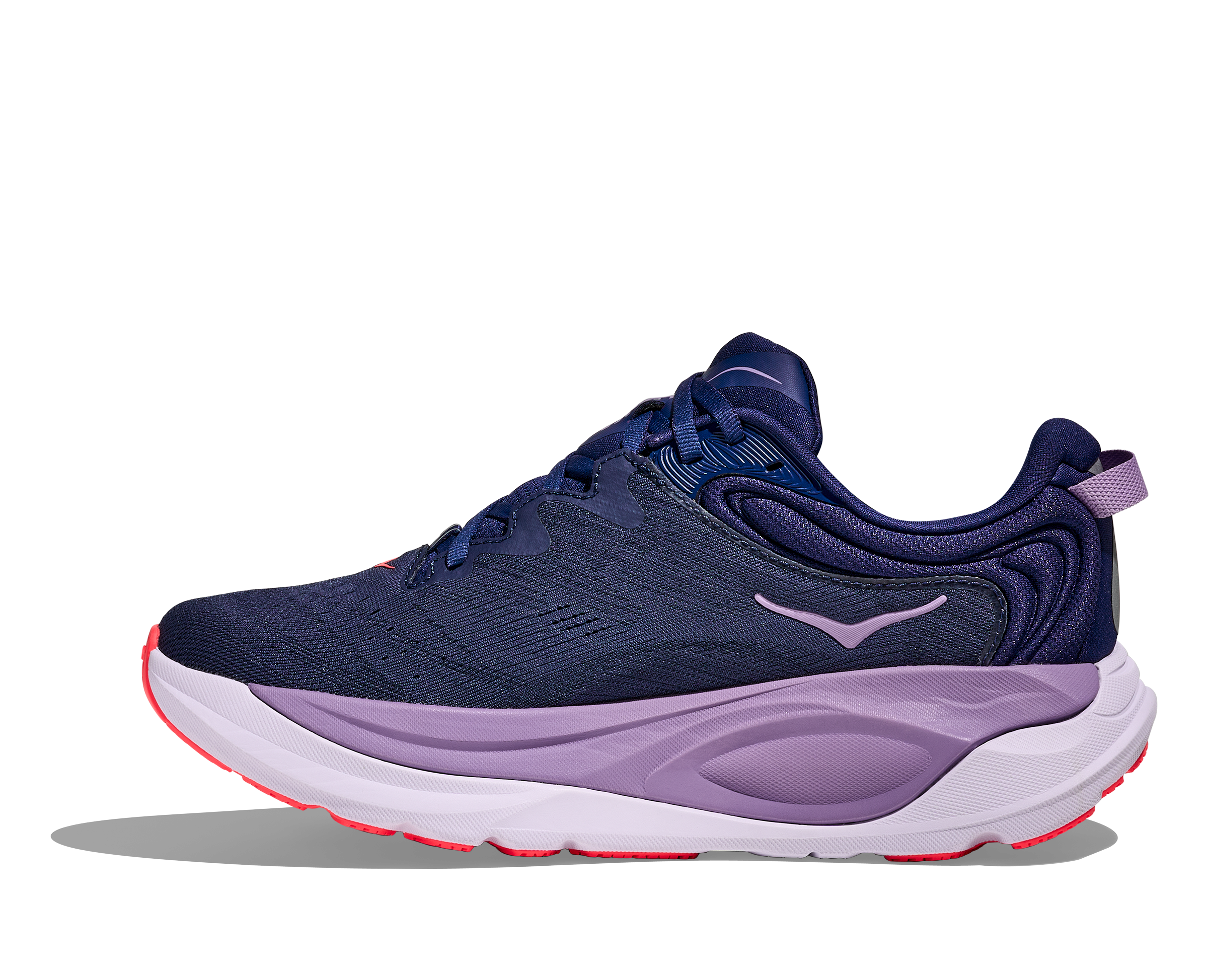 Navy and purple running shoe with a white sole on a white background