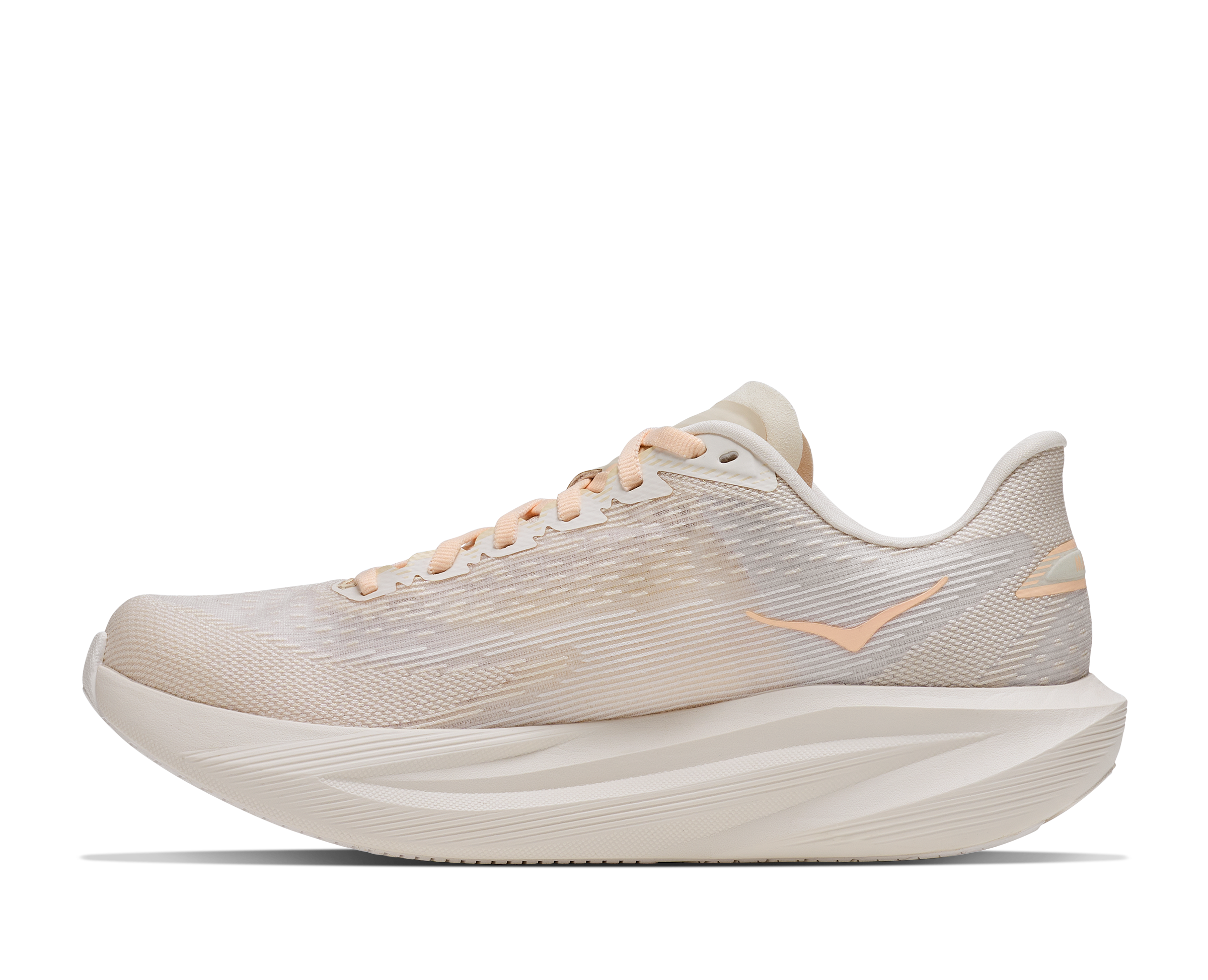 White running shoe with pink accents on a white background