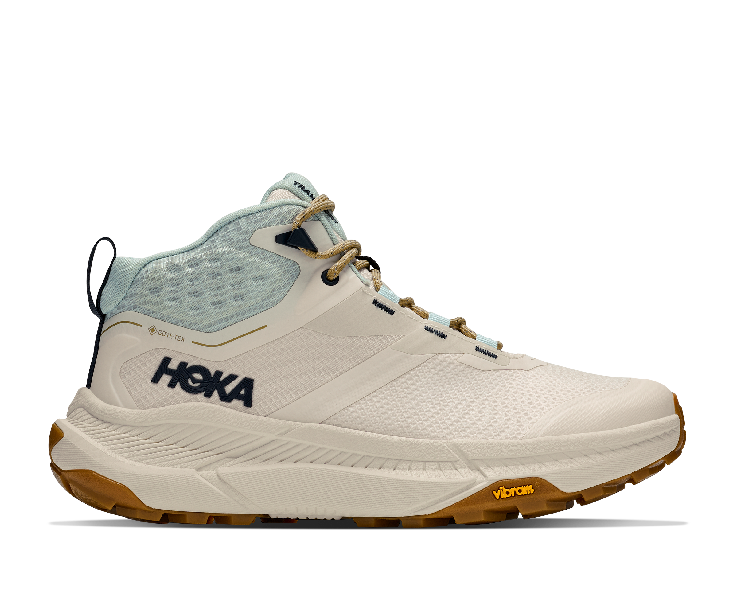 Beige Hoka running shoe with brown sole on a white background