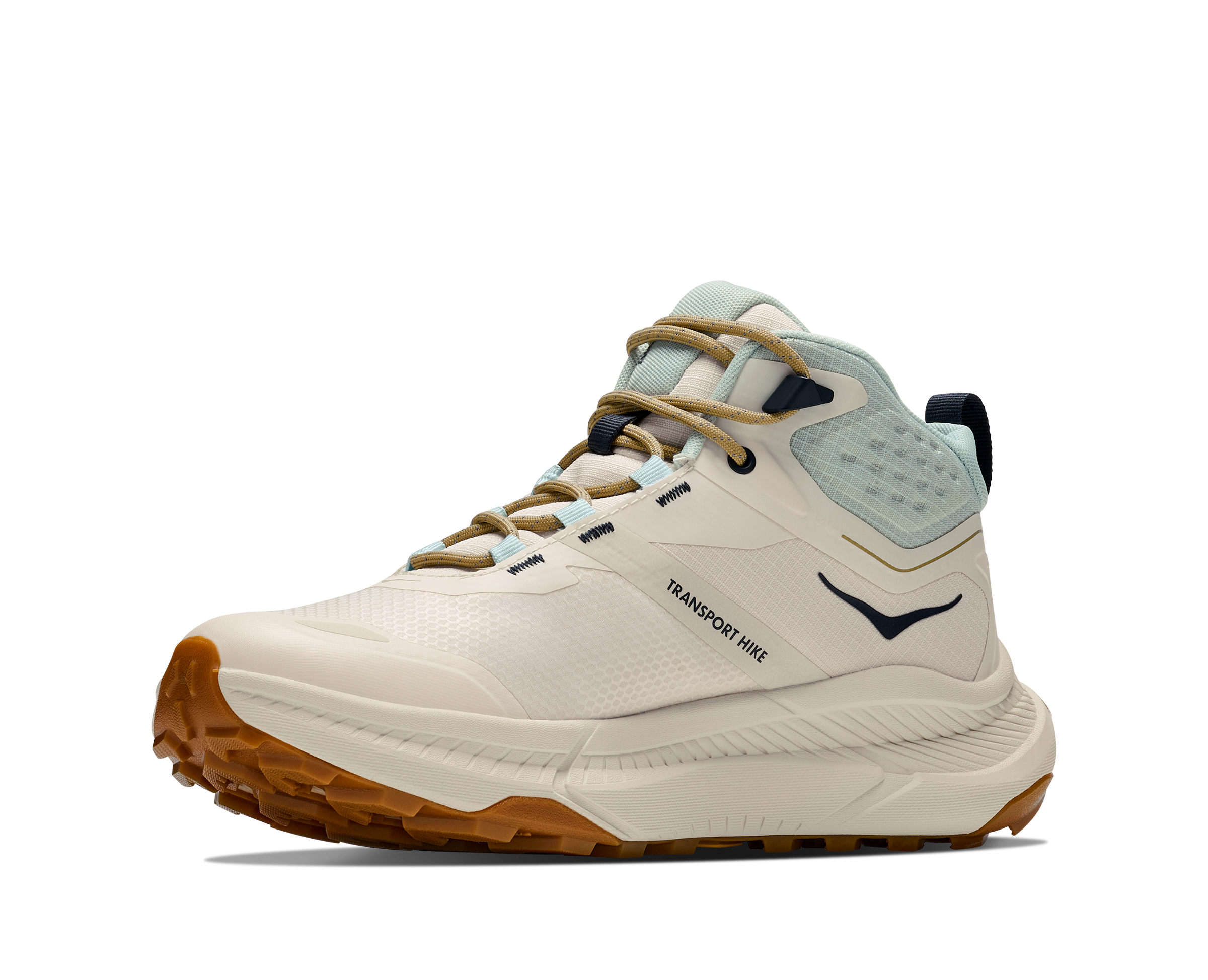 A mid-top hiking shoe in off-white and light blue, featuring tan laces, a dark navy logo, and a brown rugged outsole, shown against a plain white background.