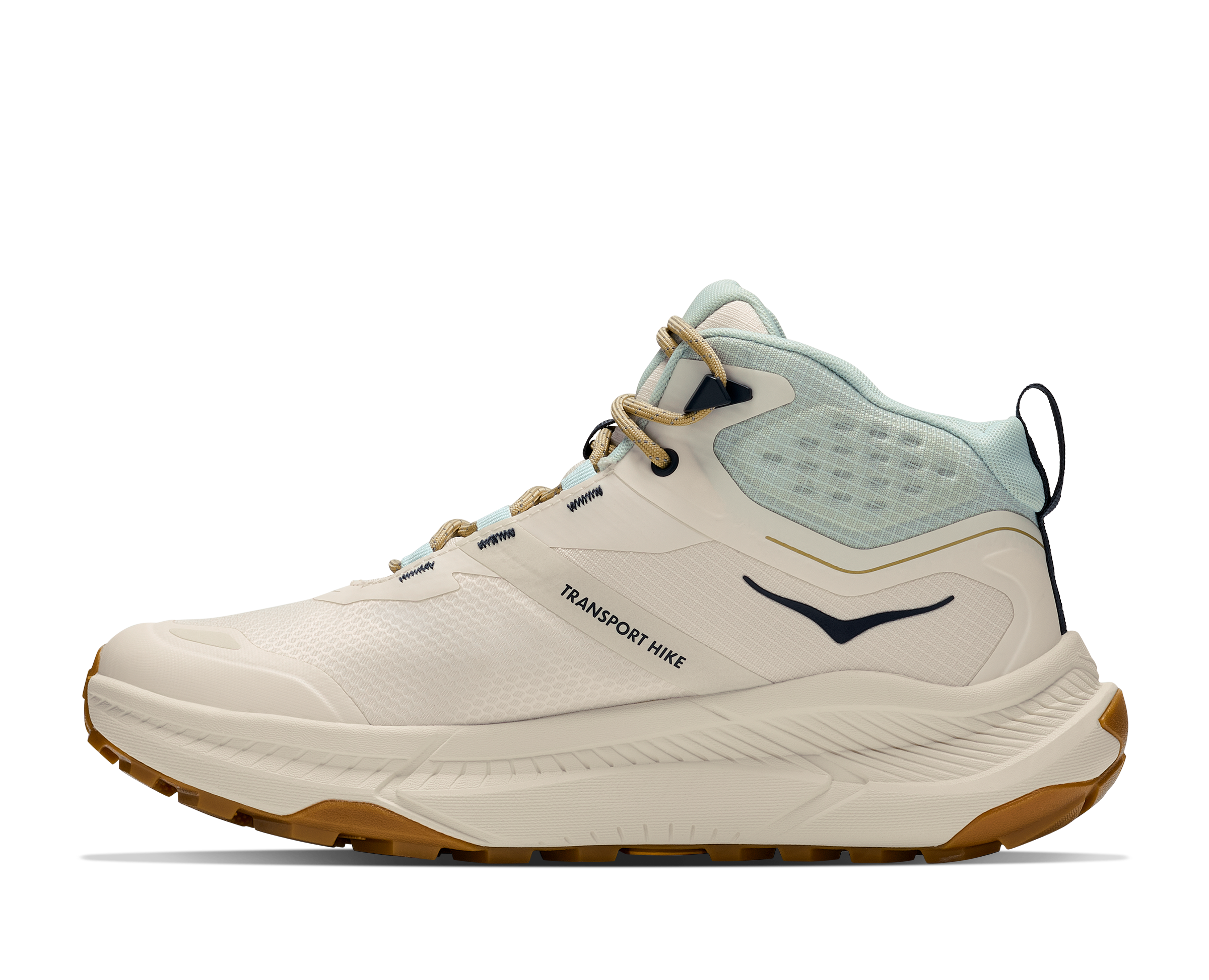 Beige hiking shoe with brown sole on a white background