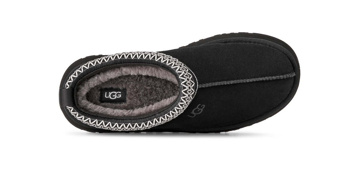 A single black UGG slipper boot shown from a top-down view against a white background, featuring a gray faux-fur lining and white zigzag stitching around the collar.