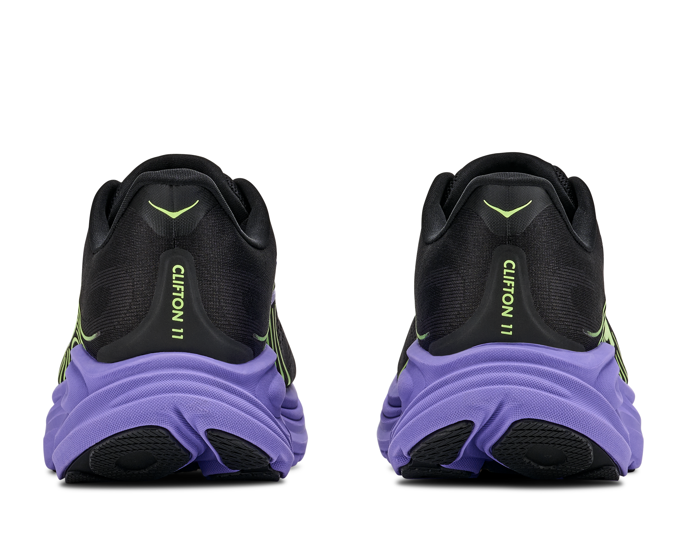 Black and purple athletic shoes with 'Clifton 11' branding on a white background
