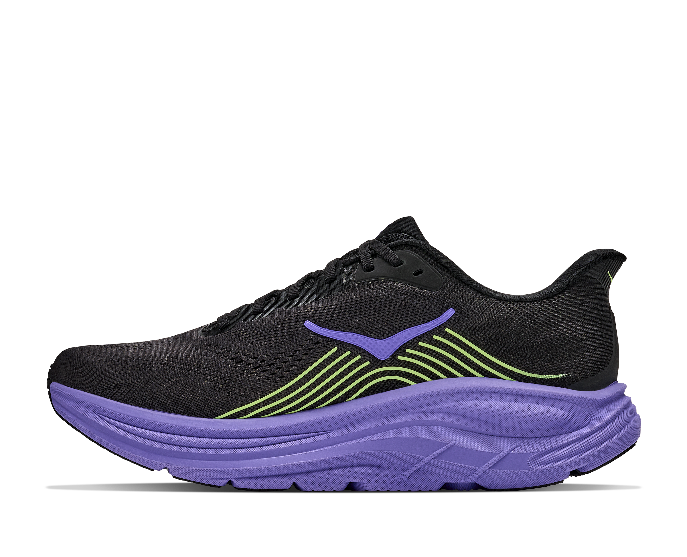 Black running shoe with purple sole on a white background