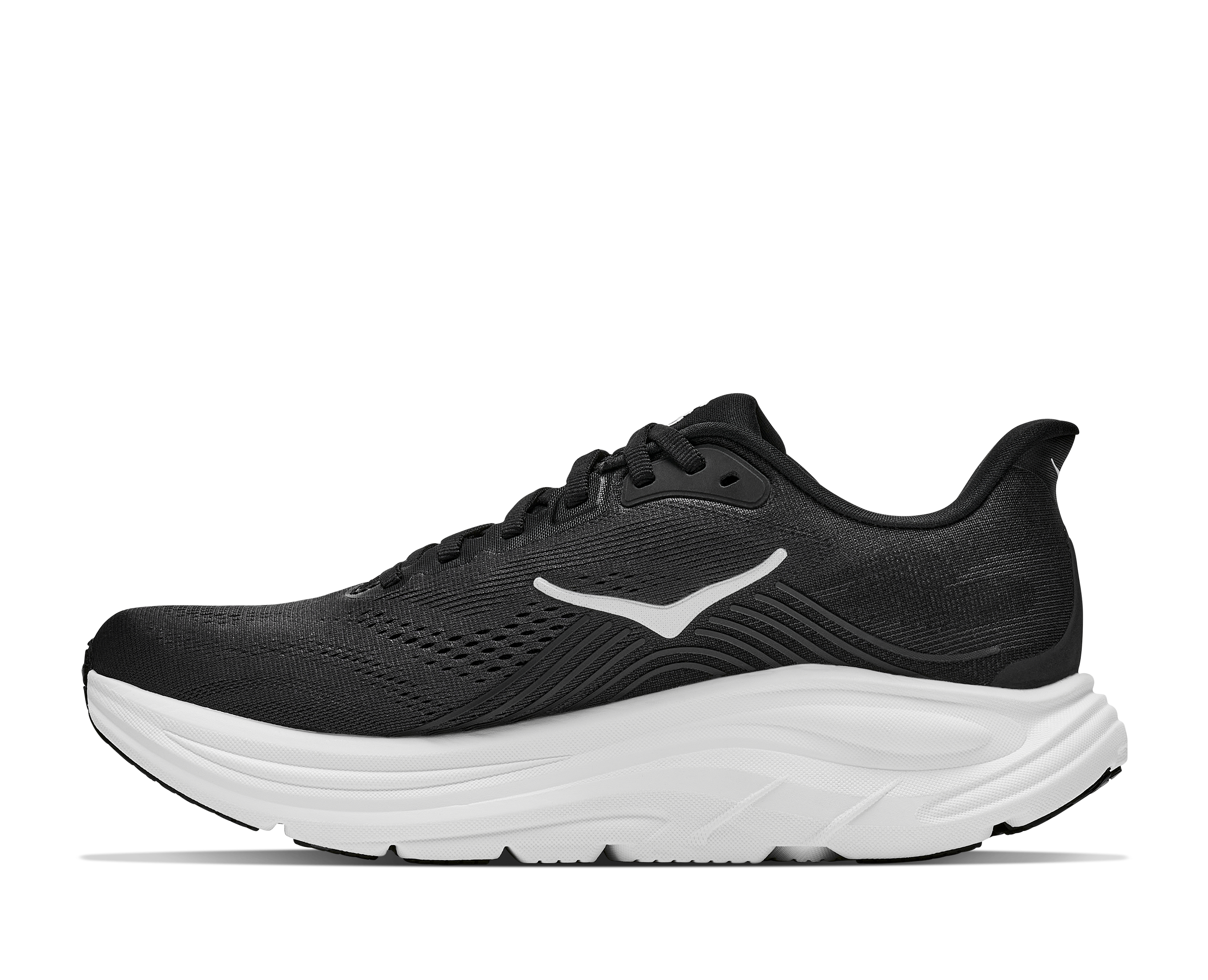 Black running shoe with white sole on a white background