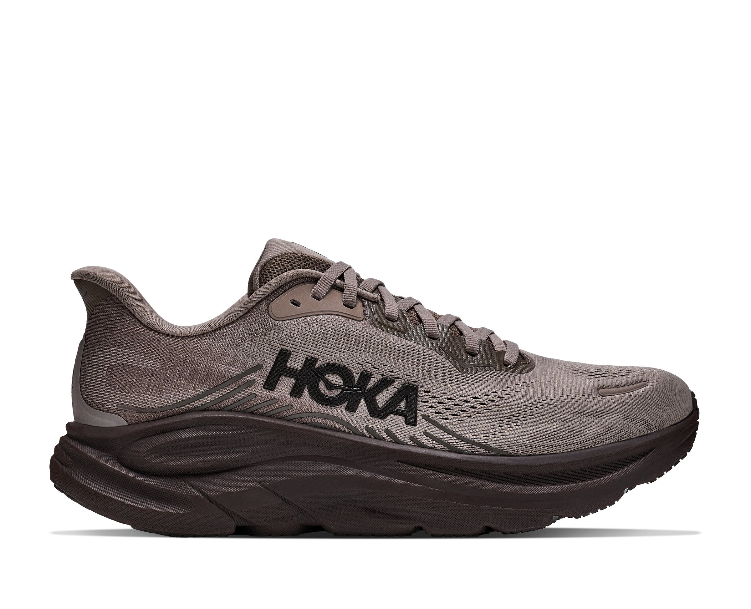 Gray running shoe with 'Hoka' branding on a white background