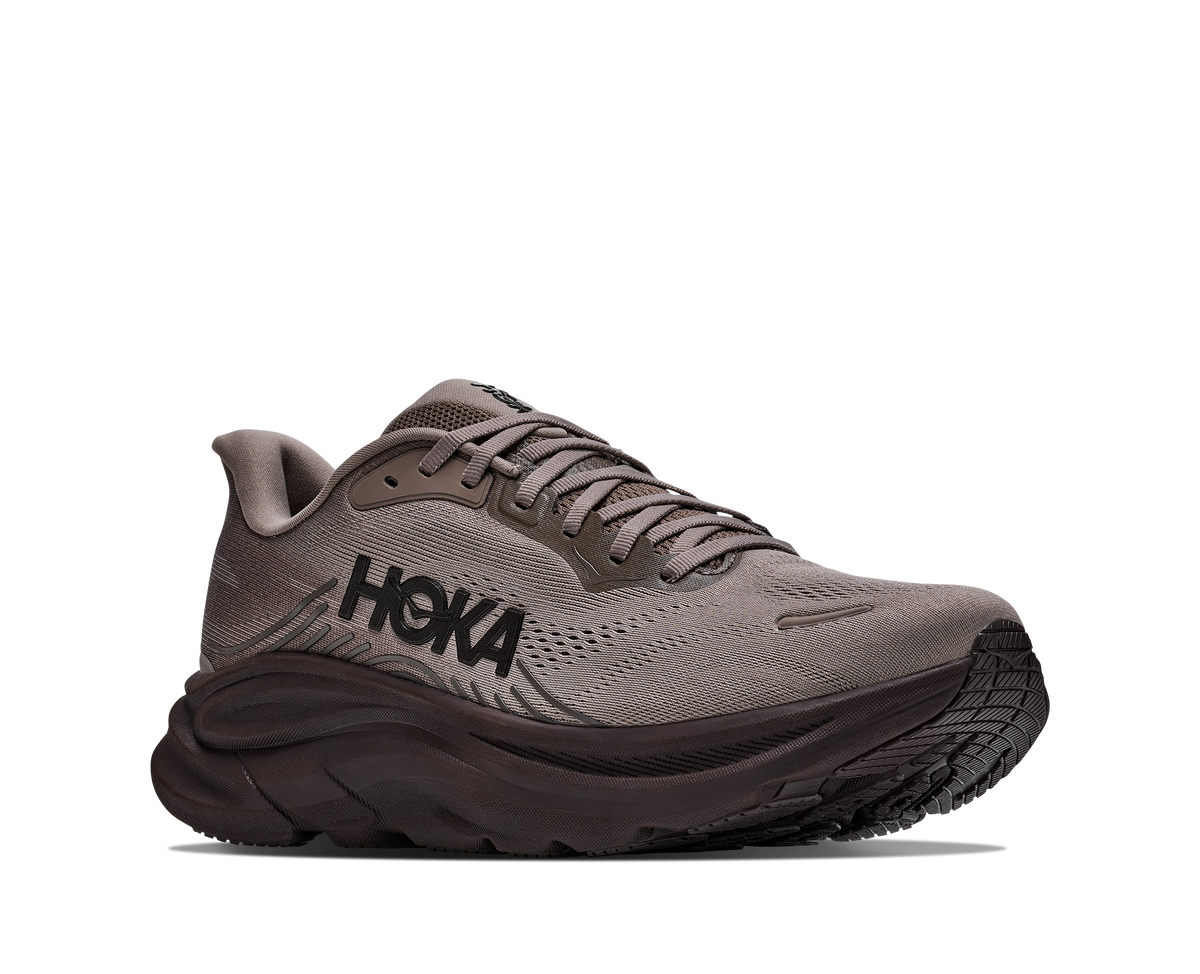 Gray running shoe with 'Hoka' branding on a white background