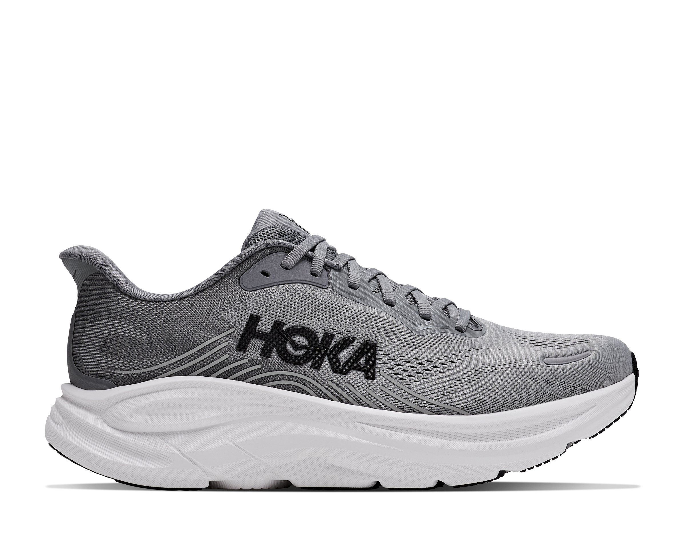 Gray running shoe with white sole on a white background