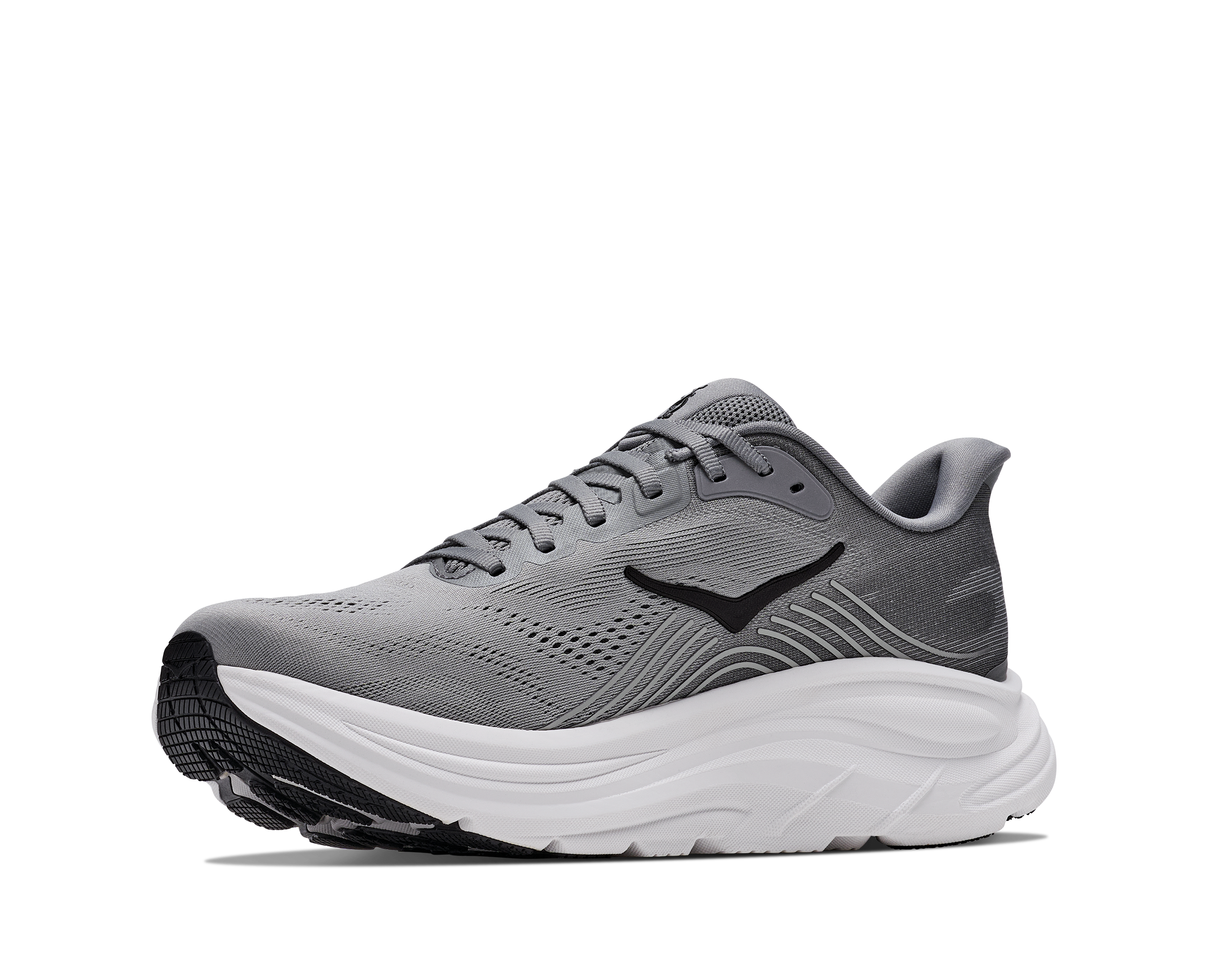 Gray running shoe with white sole on a white background