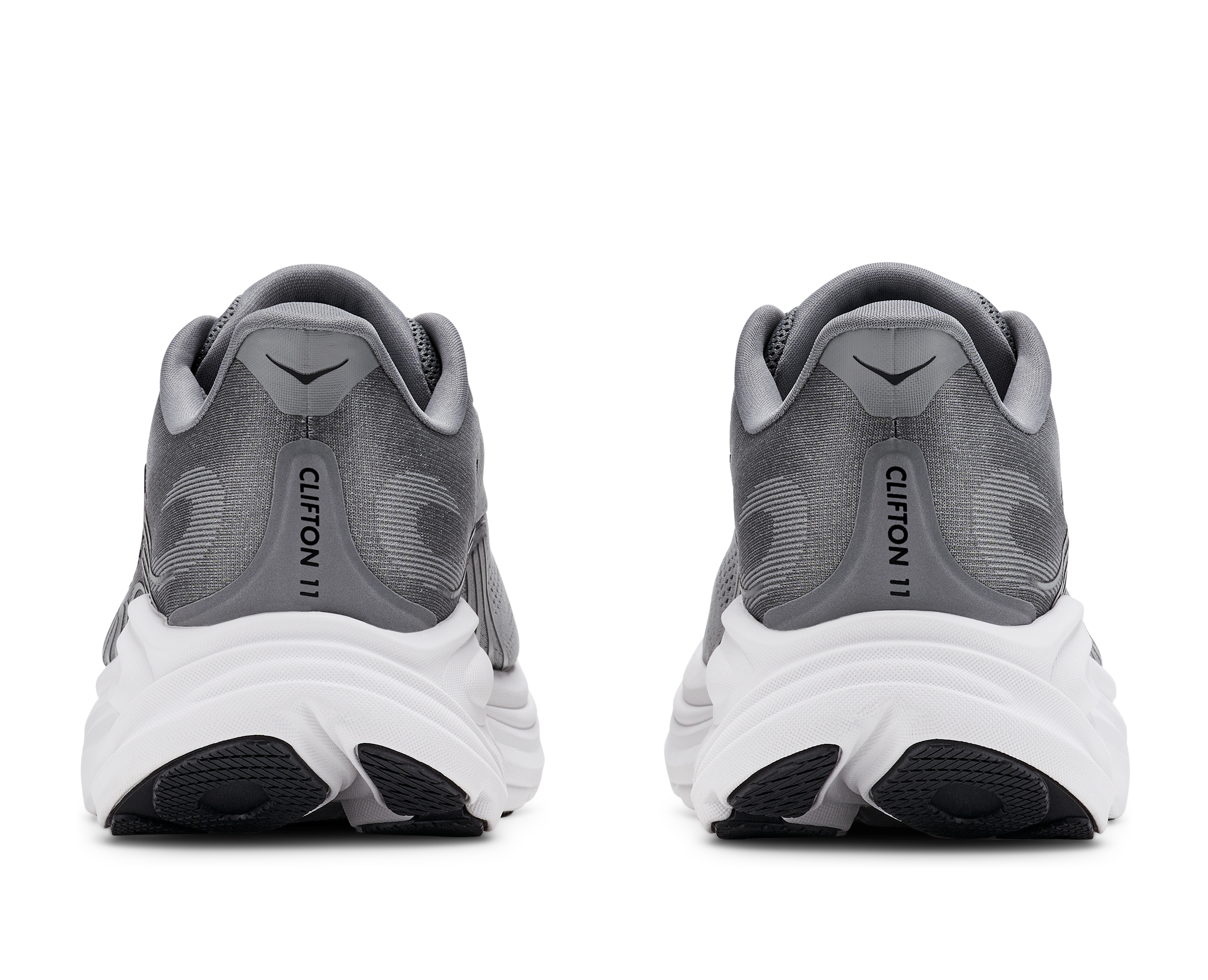 Gray and white athletic shoes with 'Clifton 11' branding on a white background