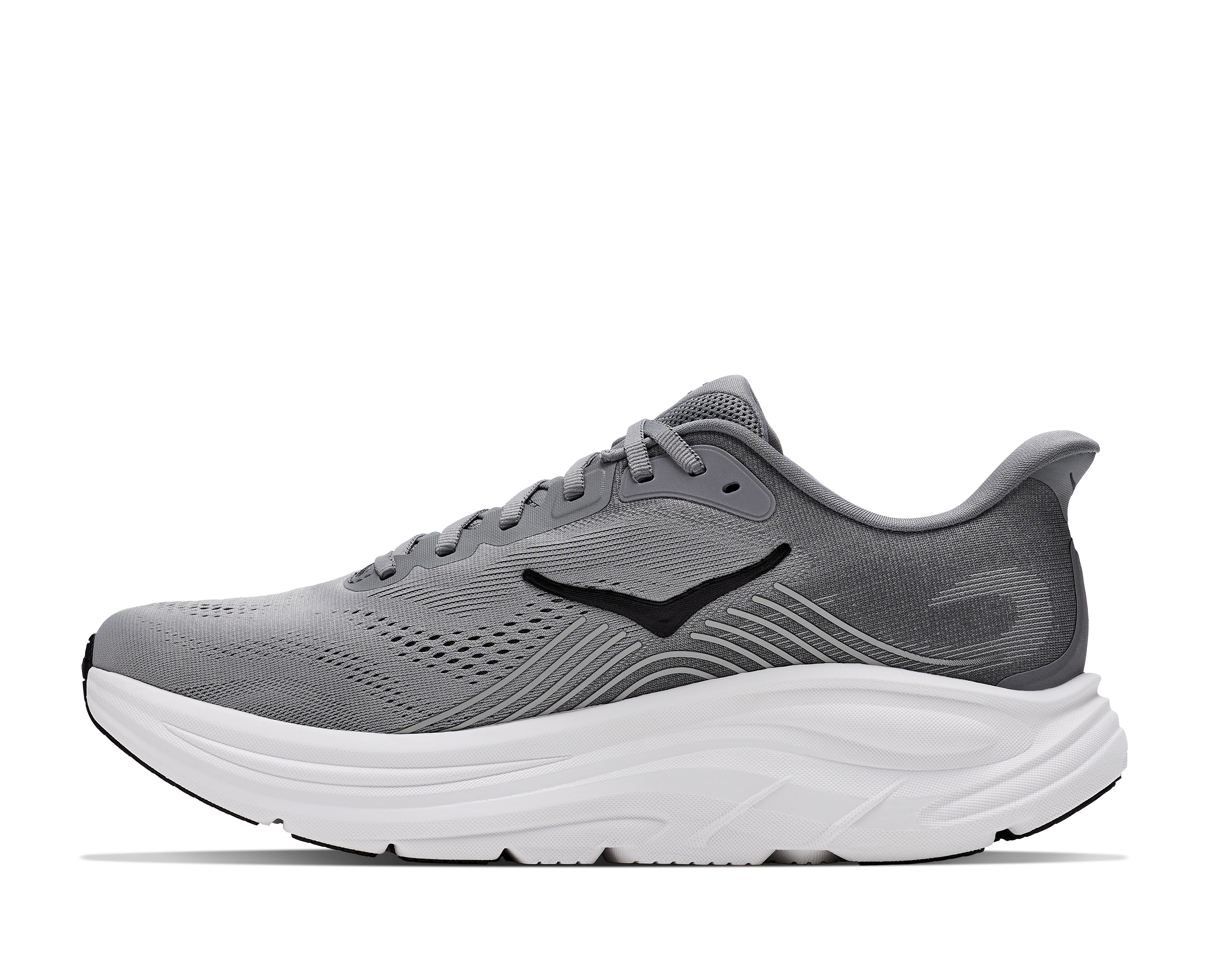 Gray running shoe with white sole on a white background