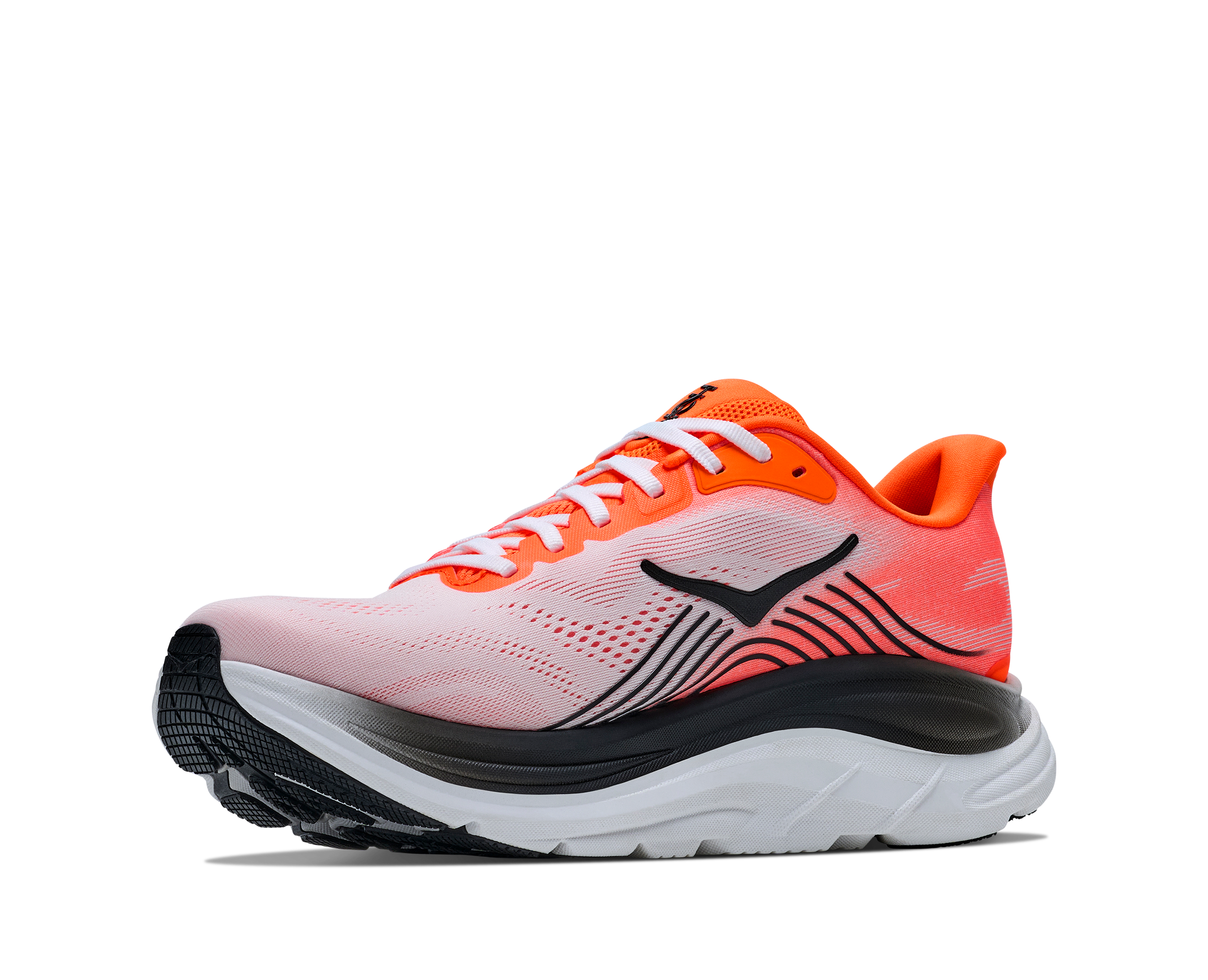 Neon pink and orange running shoe on a white background