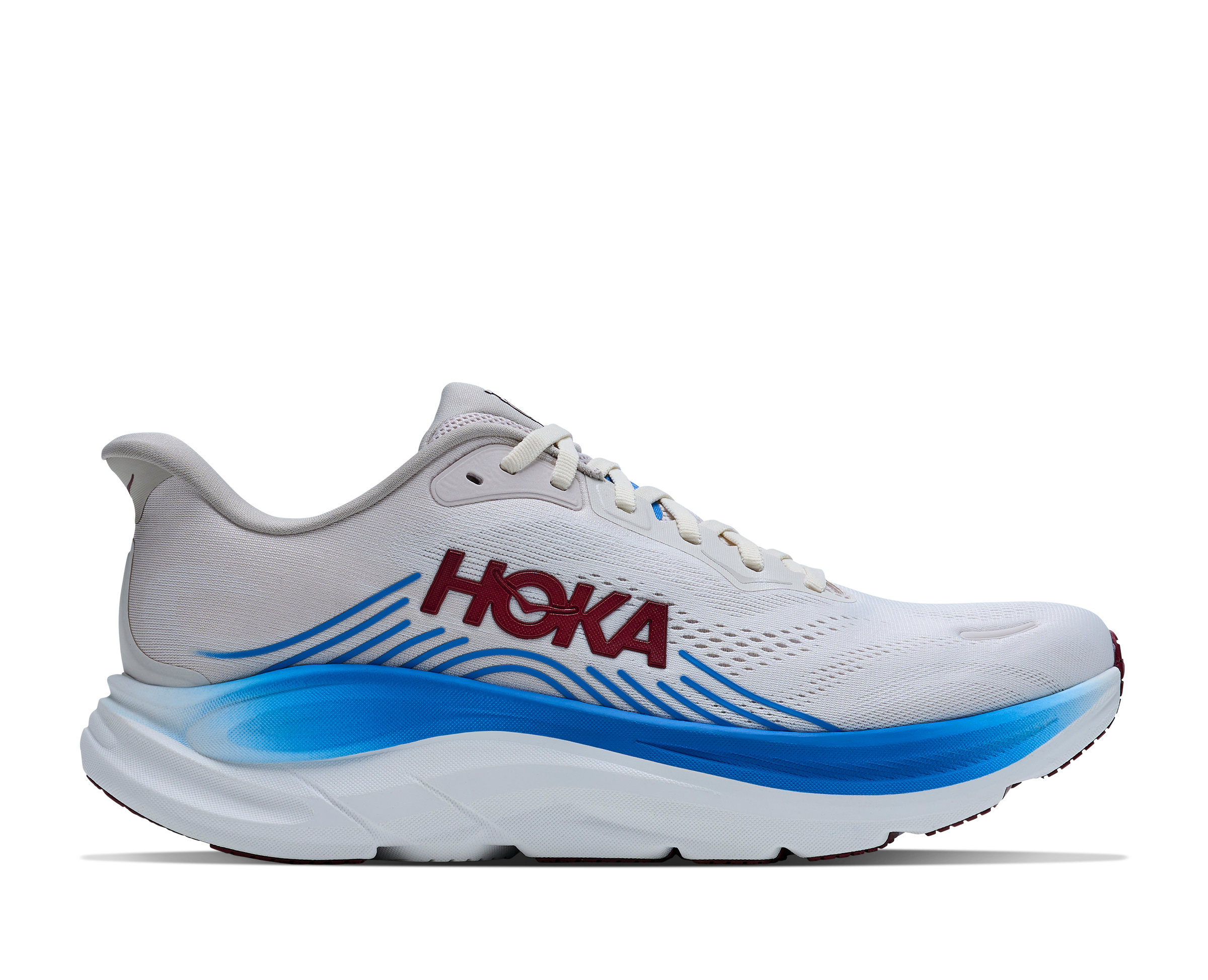 White running shoe with blue sole and red 'Hoka' logo on a white background