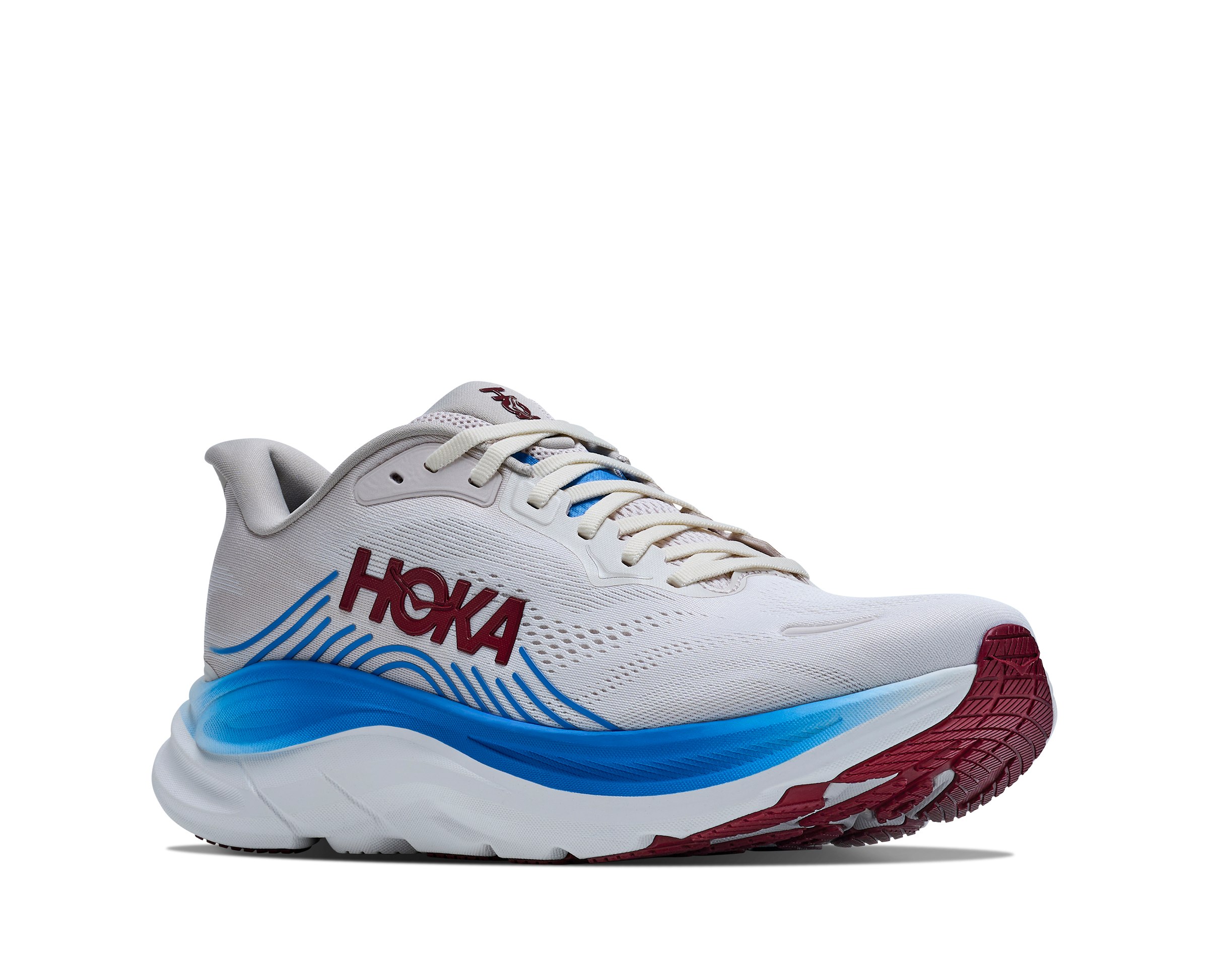 White running shoe with blue and red accents on a white background