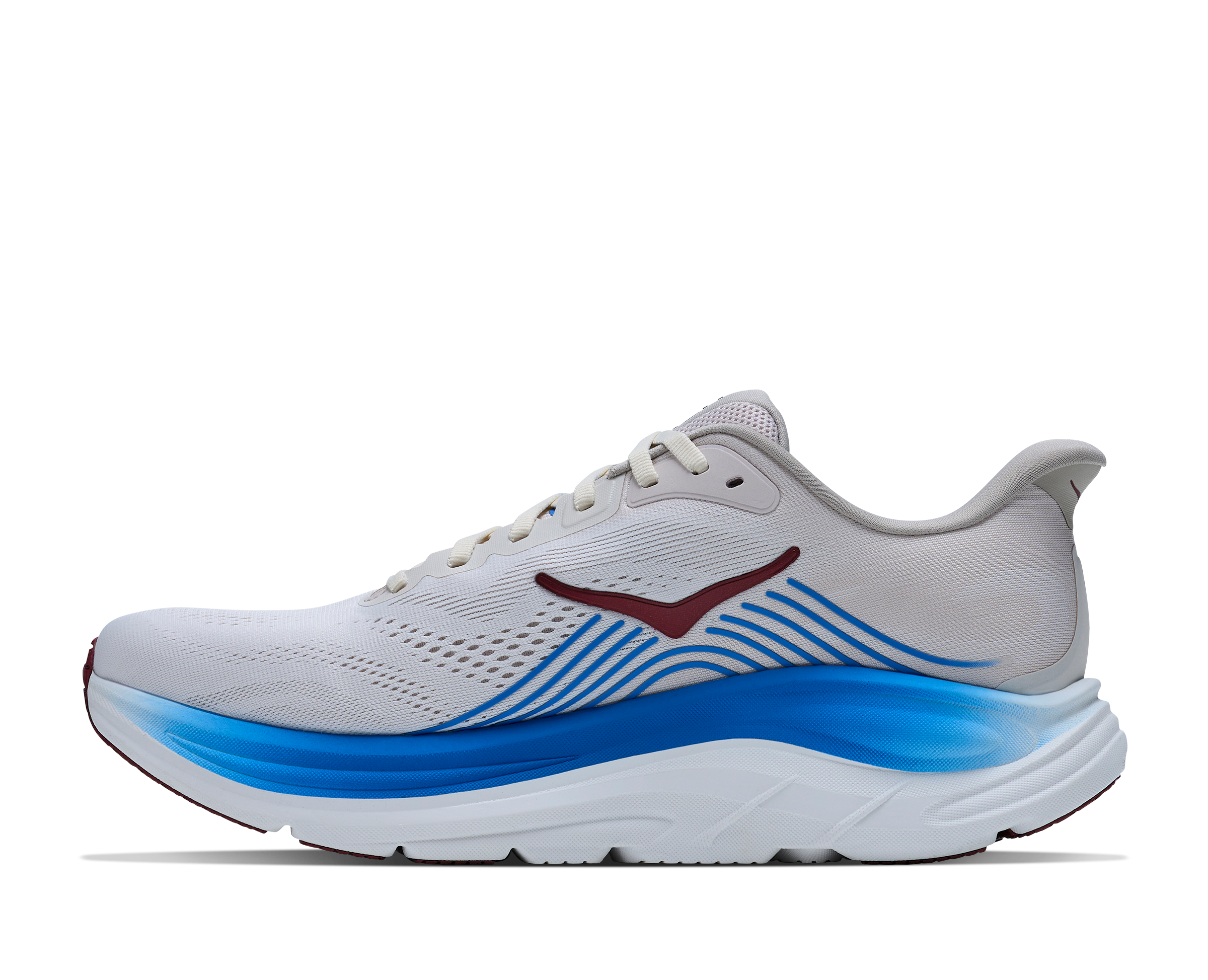 White running shoe with blue sole on a white background