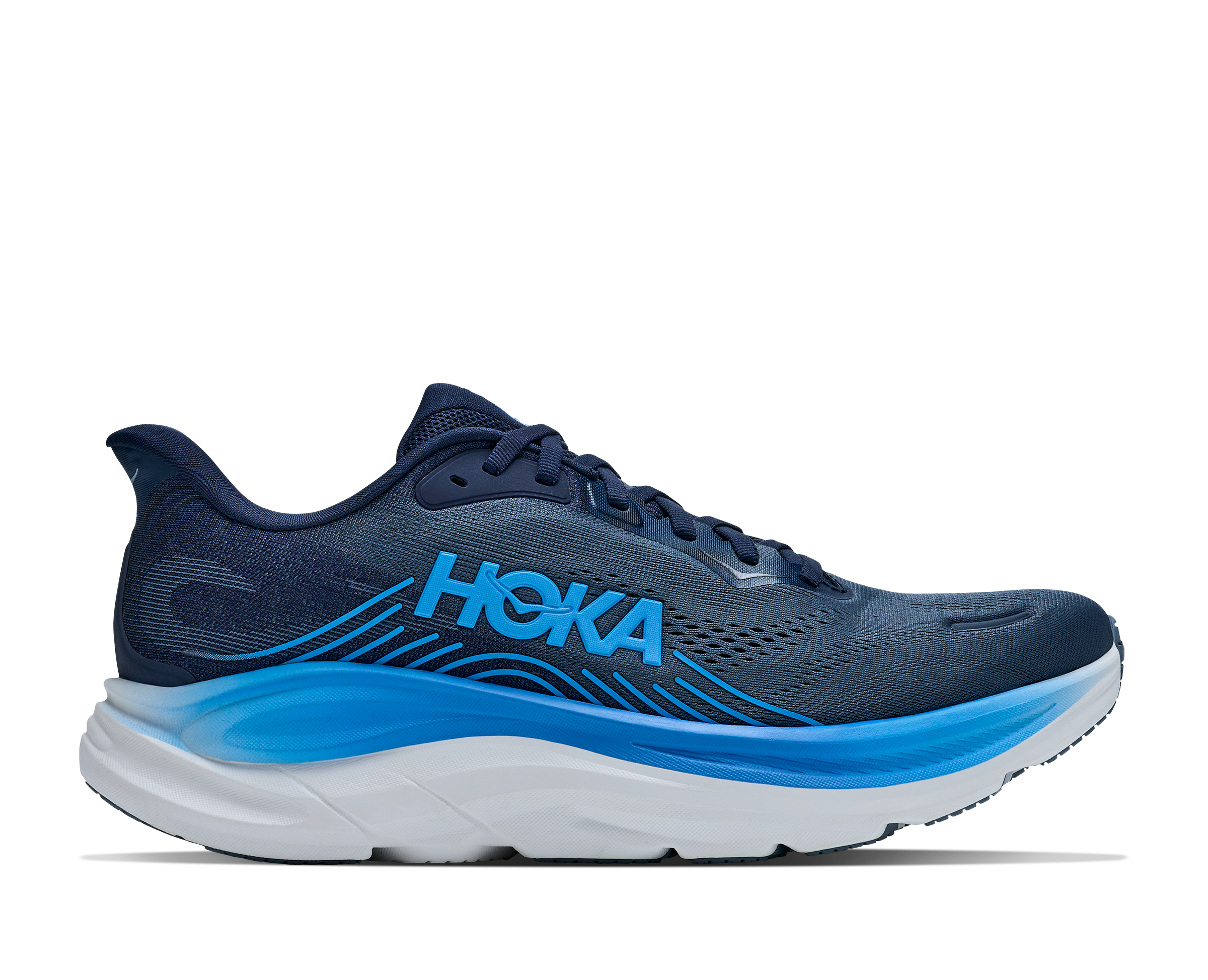 Blue running shoe with white sole on a transparent background