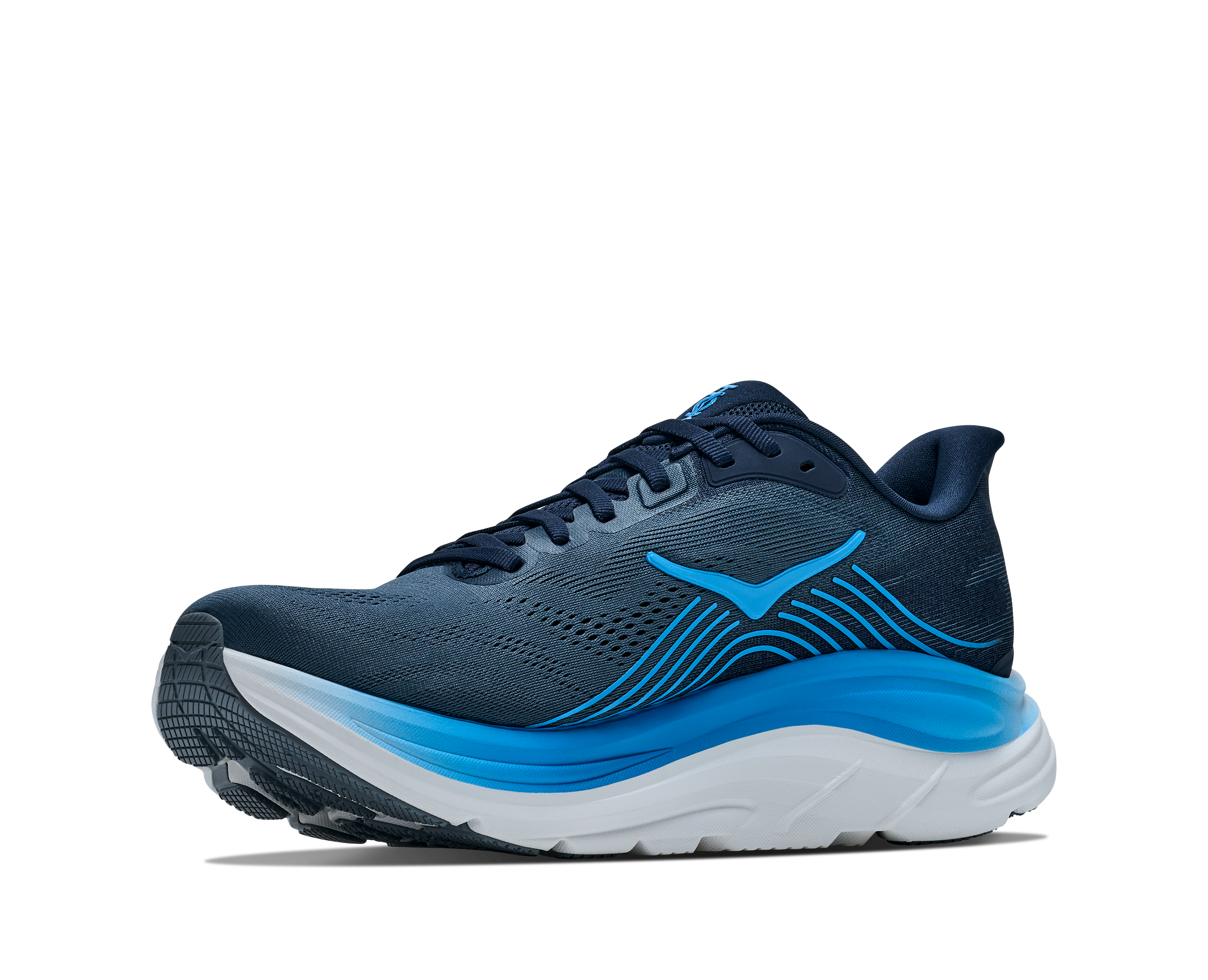 Navy and blue running shoe on a white background